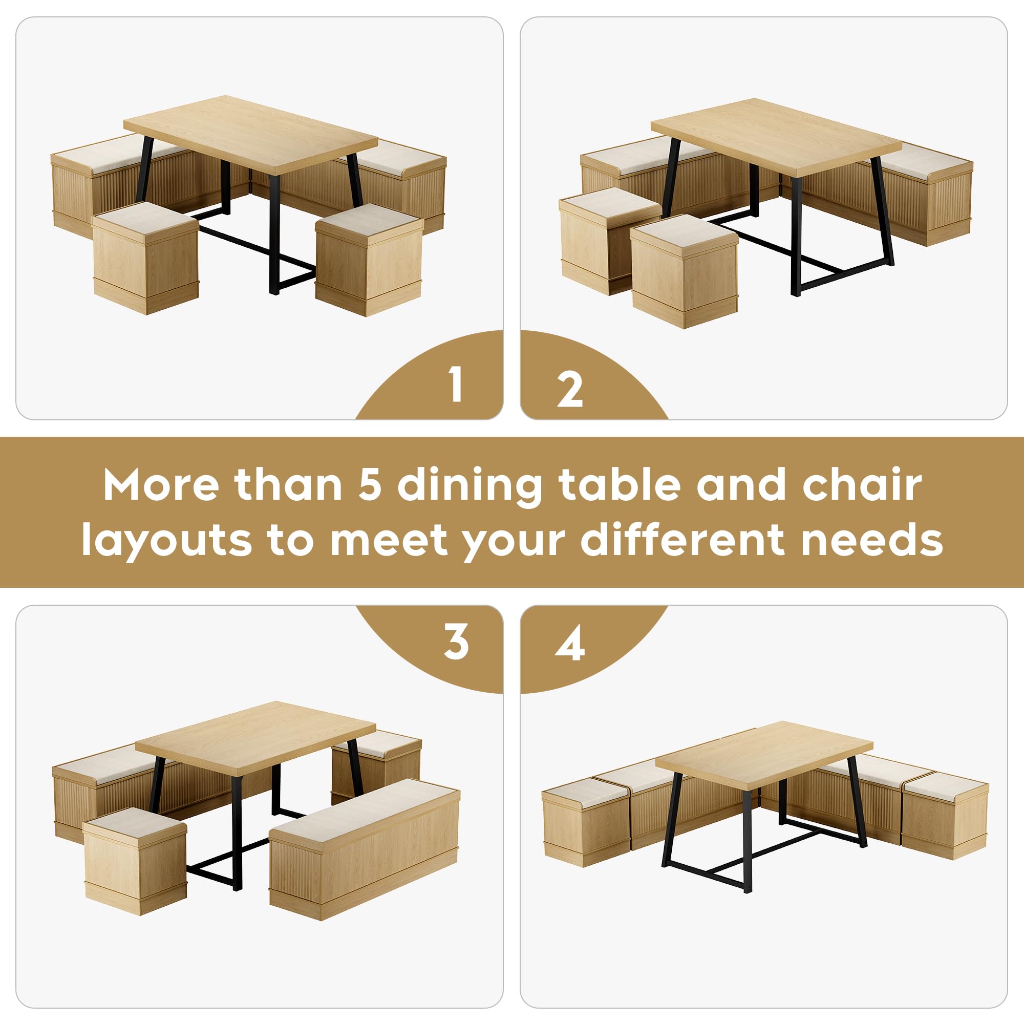XIAO WEI Corner Dining Table Set, 6-Piece Breakfast Nook Dining Set with Storage Bench and Stools, 47" Banquette Seating for Small Space, Apartment Kitchen & Dining Room, Natural Wood