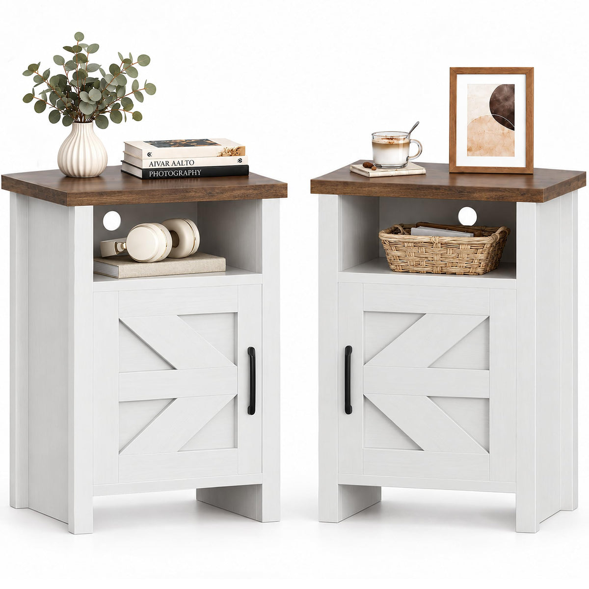 YESHOMY Farmhouse Nightstand Set of 2, Rustic End Table, White