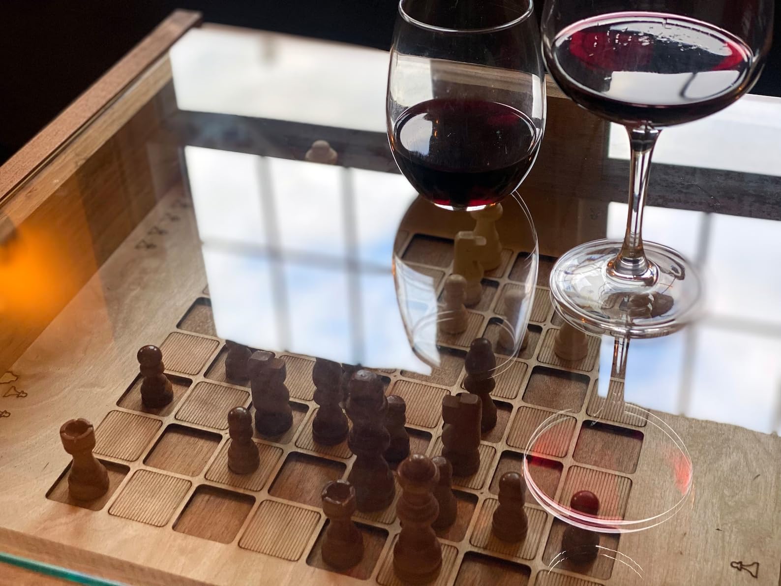 Rustic Chess & Checkers Coffee Table with Removable Glass Top
