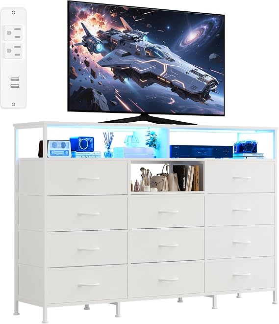 Dresser TV Stand with LED Lights, Charging Station & 11 Fabric Drawers