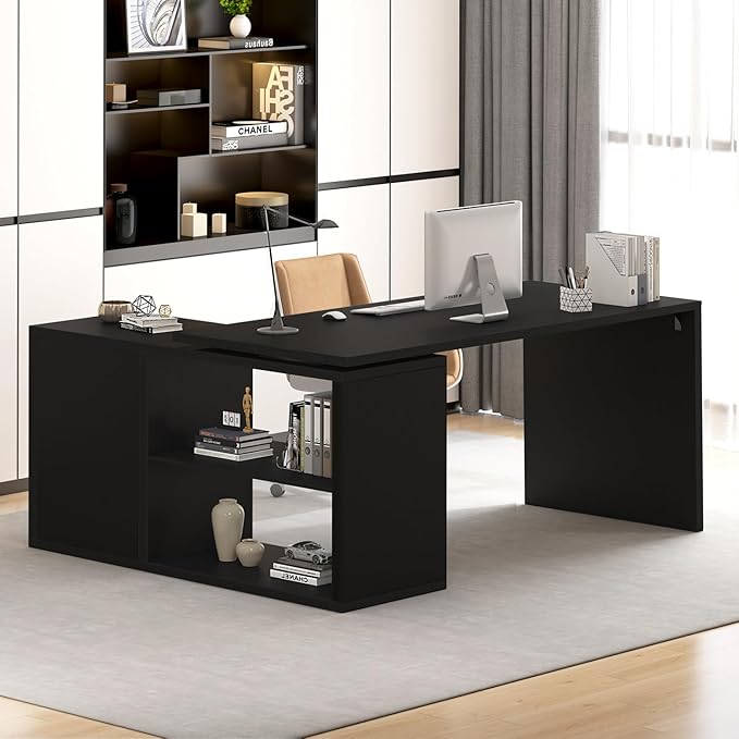 L-Shaped Corner Desk with Storage Shelves & Cabinet
