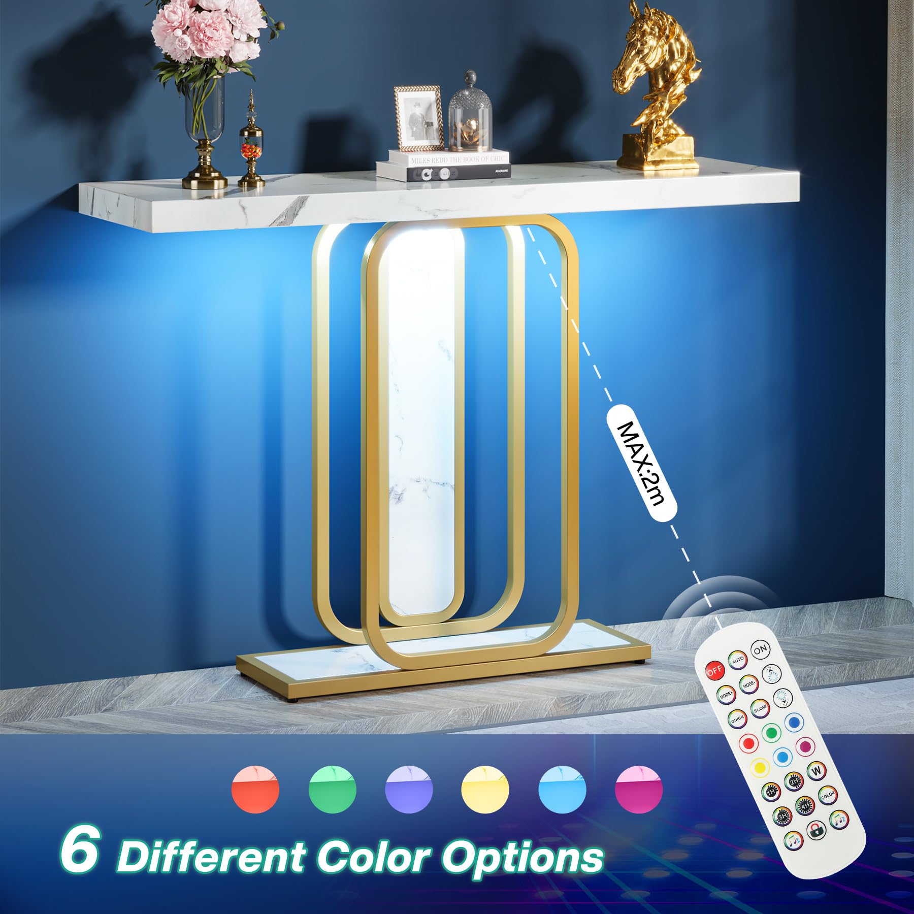 Tribesigns Modern Gold White Console Table with LED Lights, 41.3 Inch Entryway Hallway Foyer Accent Table with Faux Marble Veneer for Living Room, Entrance