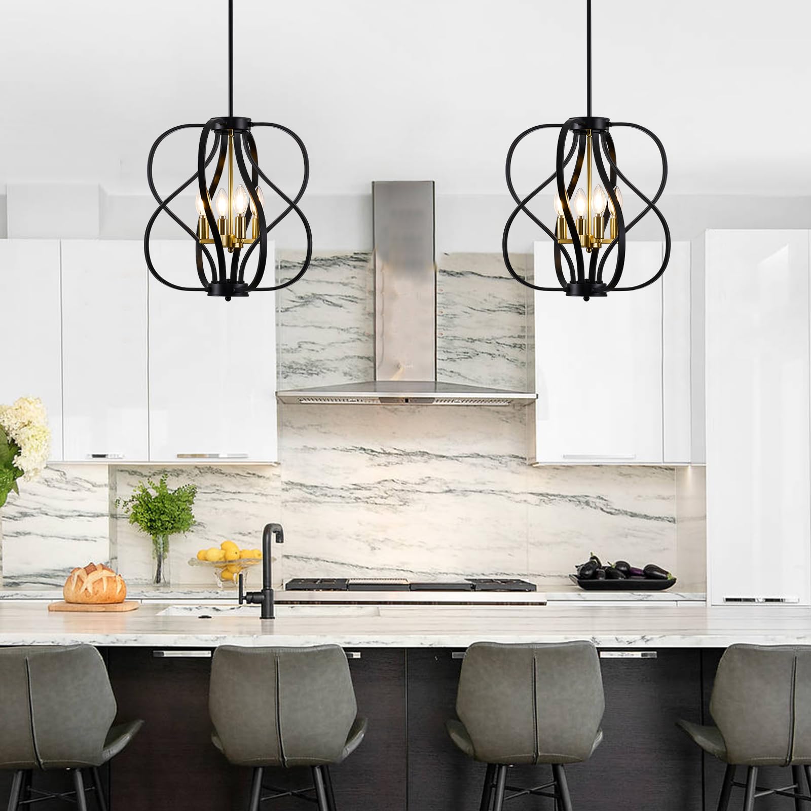 Black and Gold Chandelier Light Fixture, 18" Modern Farmhouse Industrial Chandelier, 4-Light Sphere Geometric Hanging Pendant Light Fixture for Dining Room Entryway Hallway Living Room Kitchen Island