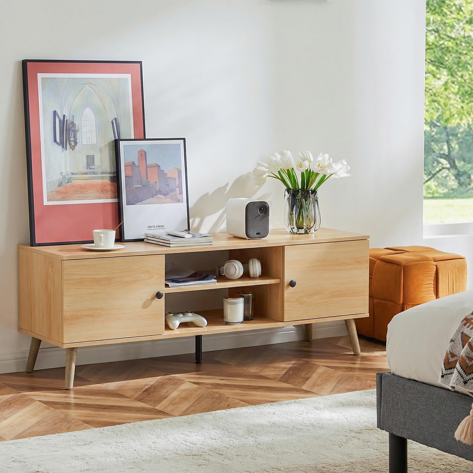Sweetcrispy TV Stand for 55 60 inch TV, Modern Mid Century Entertainment Center with Storage, Media Console Table 2 Cabinet, Soft Hinge, Handle Door, Wooden Living Room, Office Furniture, Oak