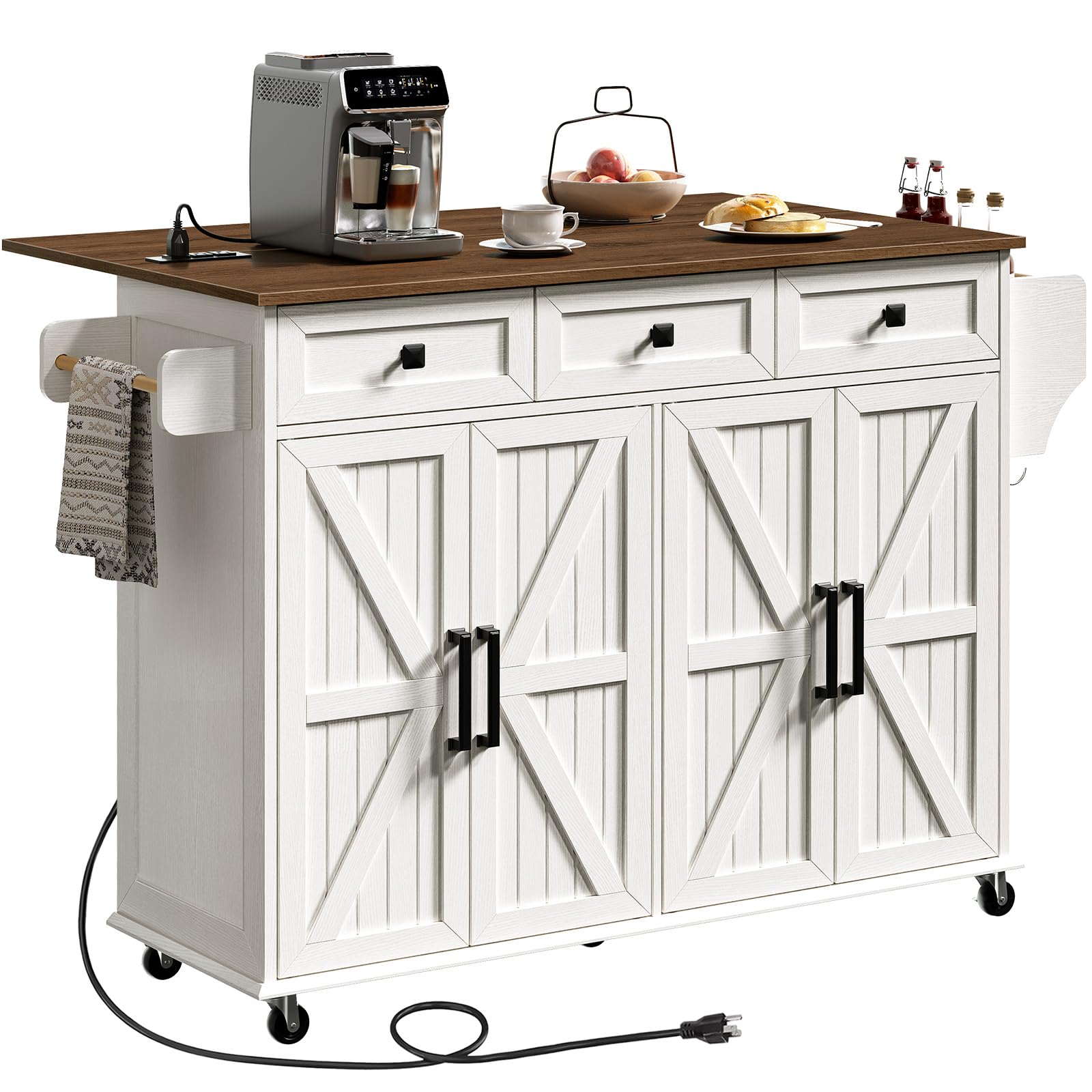 RALGEND Kitchen Island with Drop Leaf & Power Outlet, Rolling Kitchen Island Cart On Wheels, Barn Door Kitchen Island Table with Storage and Tower Rack, Island Table for Kitchen, White and Walnut