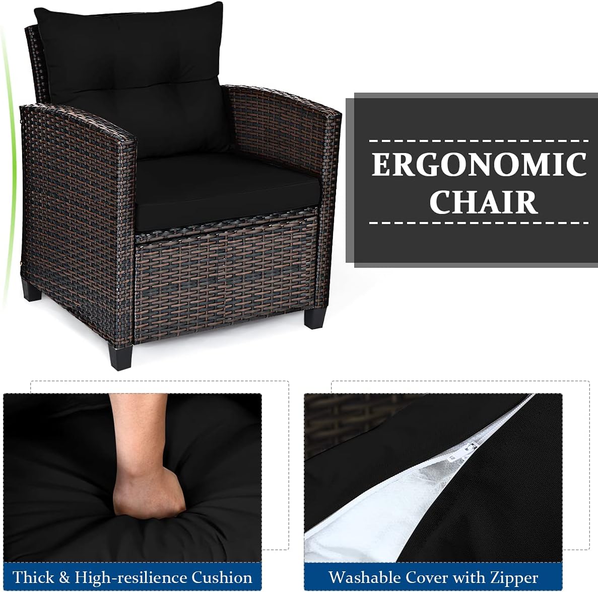 3-Piece Outdoor Rattan Conversation Set with Cushions & Glass Table