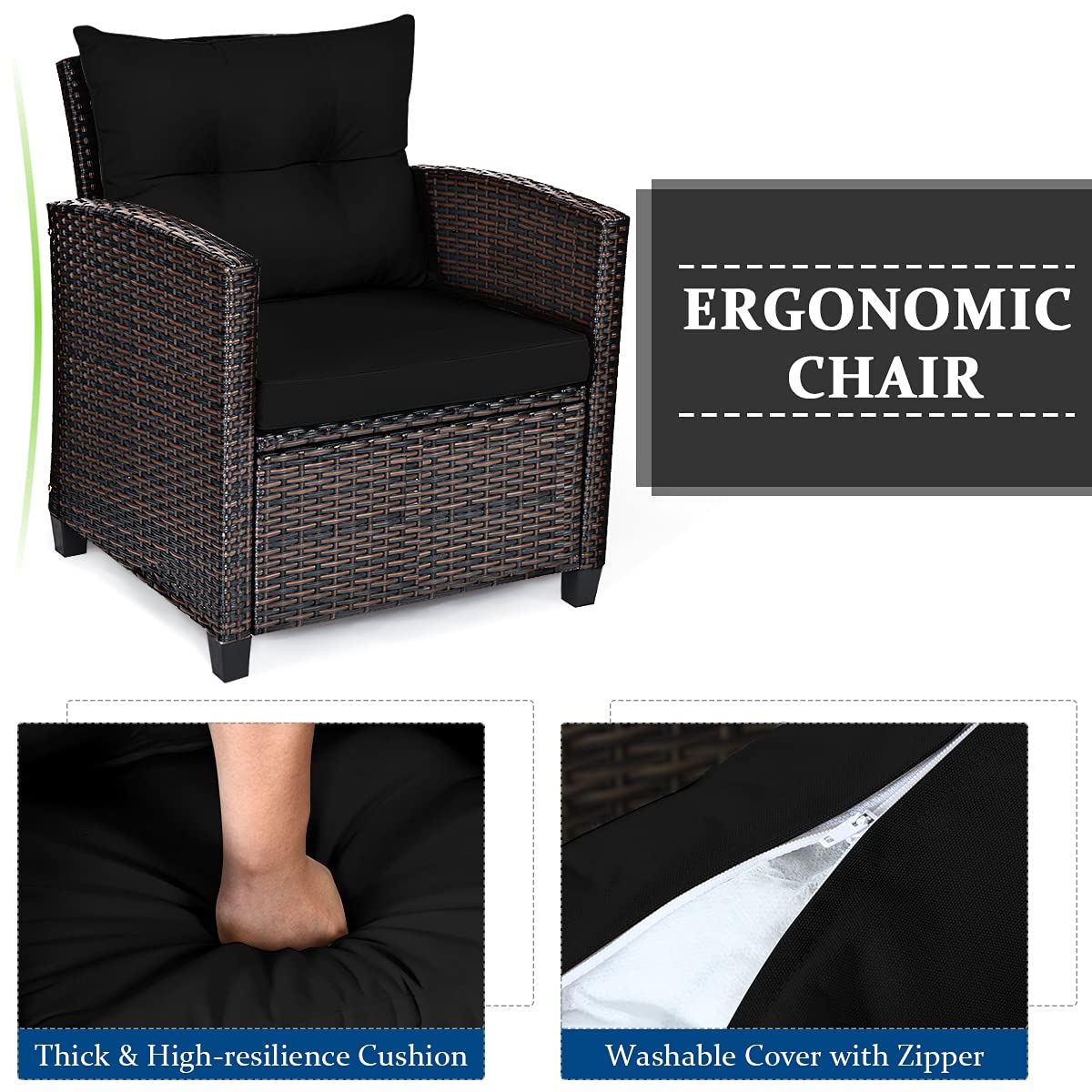 3-Piece Outdoor Rattan Conversation Set with Cushions & Glass Table