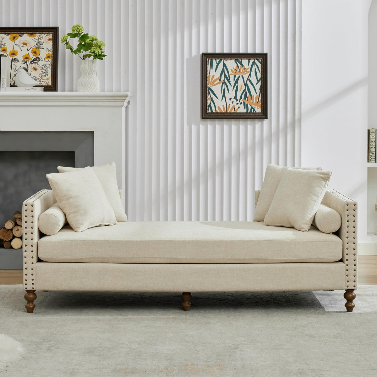 KEIKI 75" Chenille Indoor Chaise Lounge Chair with 4 Pillows, 2 Bolsters & Nailheads, Upholstered Sleeper Sofa Couch Day Bed, Rubber Wood Legs Daybed Recliner Bench for Living Room Bedroom Apartment
