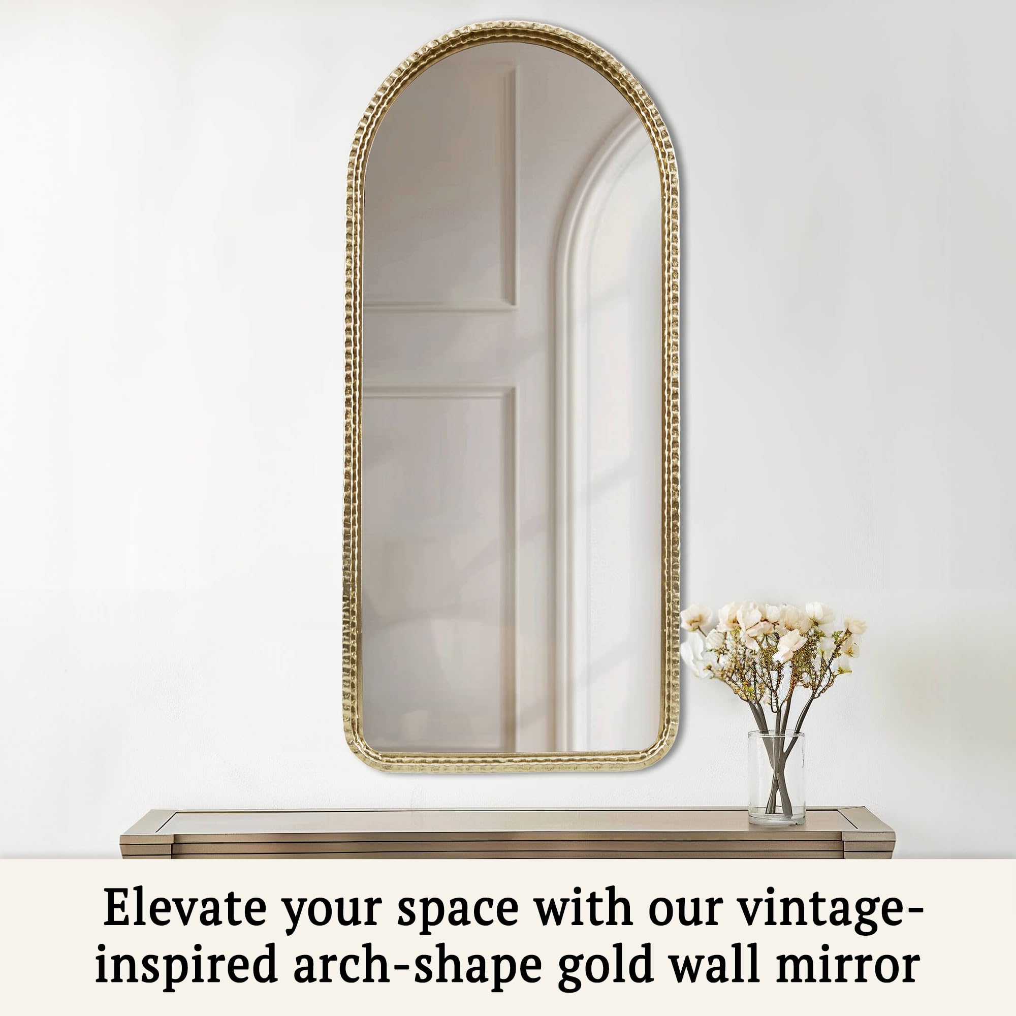 Arched Wall Mirror with Gold Metal Frame, 45"H