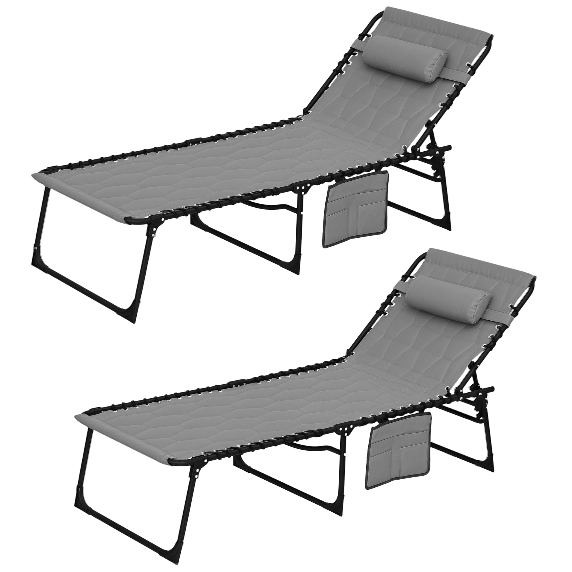 Folding Chaise Lounge Chair Set of 2, 5-Level Reclining with Headrest & Side Pocket
