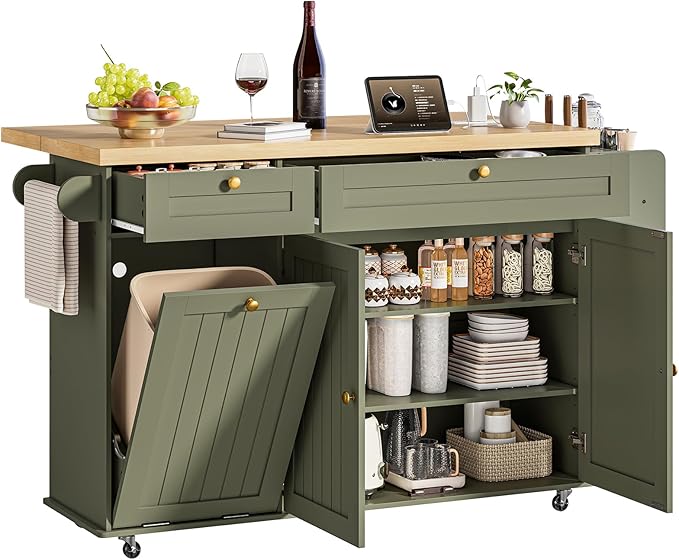Kitchen Island Cart with Power Outlet & Drop Leaf