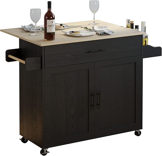Rolling Kitchen Island with Drop Leaf & Storage