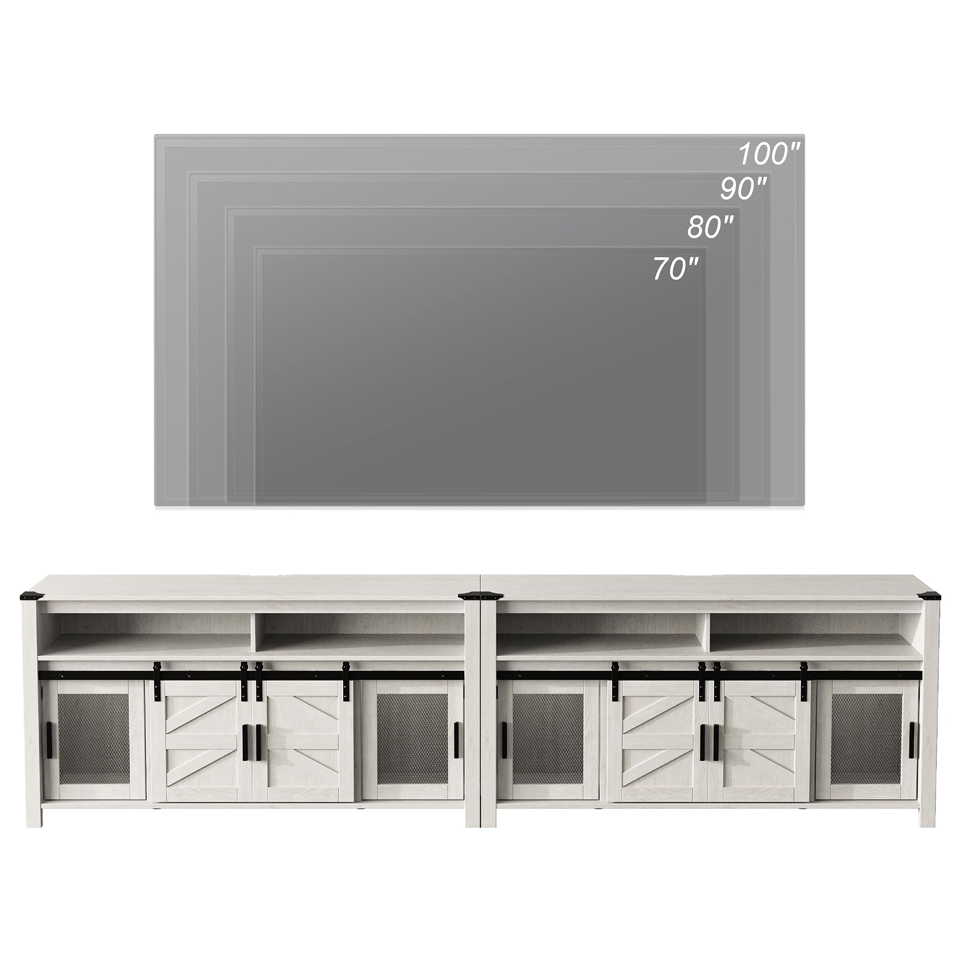 WAMPAT TV Stand for 100+ Inch TVs, Set of 2 Tall Highboy Farmhouse Entertainment Center w/Mesh & Sliding Barn Doors, Extra Wide Wood Media Console w/Adjustable Shelf & Blue LED Lights, Antique White