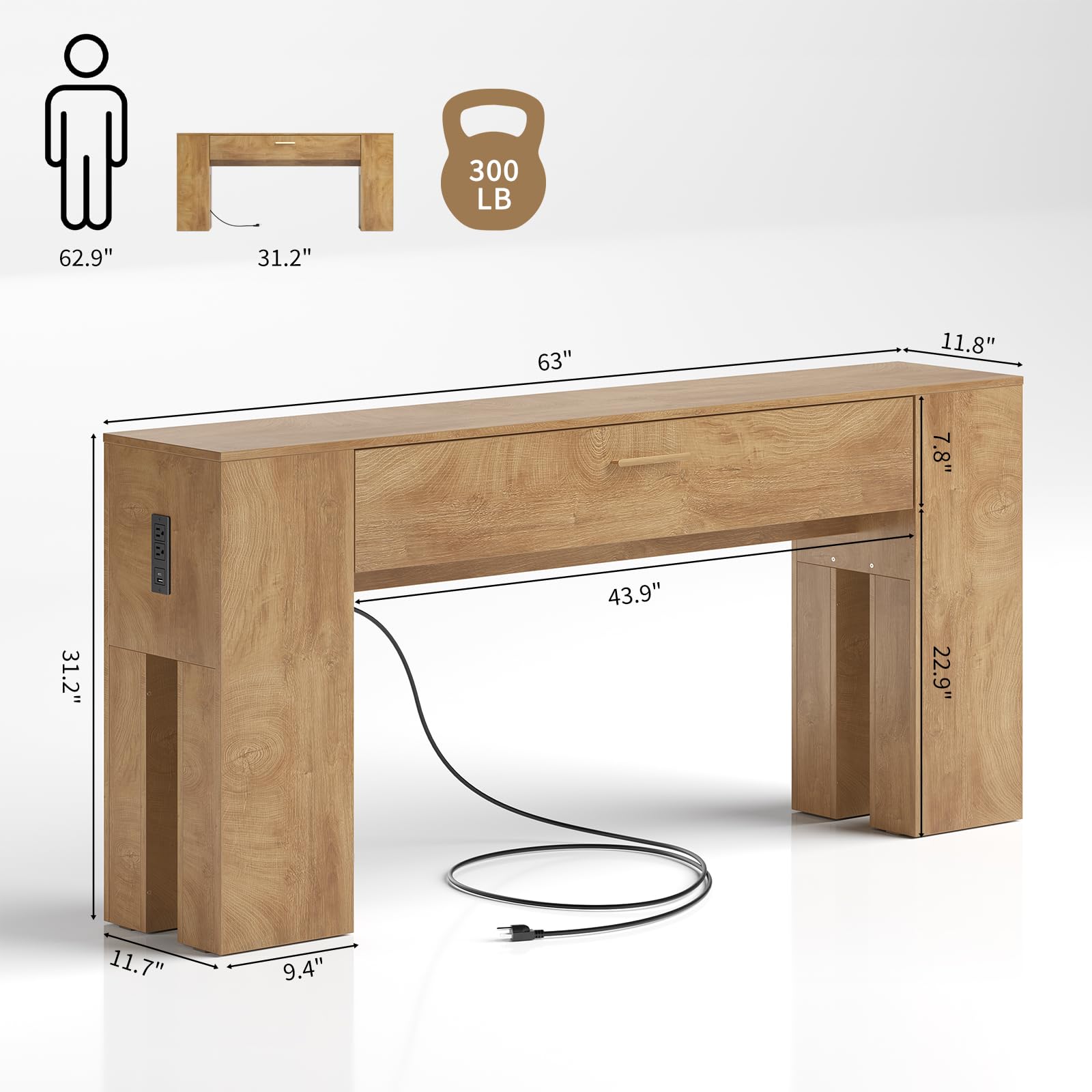 GOLDDAY 63 inch Console Tables with Charging Station and LED Light, Farmhouse Wooden Sofa Table with Drawer, Entryway Table with Wooden Bases, Behind The Couch Table for Hallway, Living Room, Brown