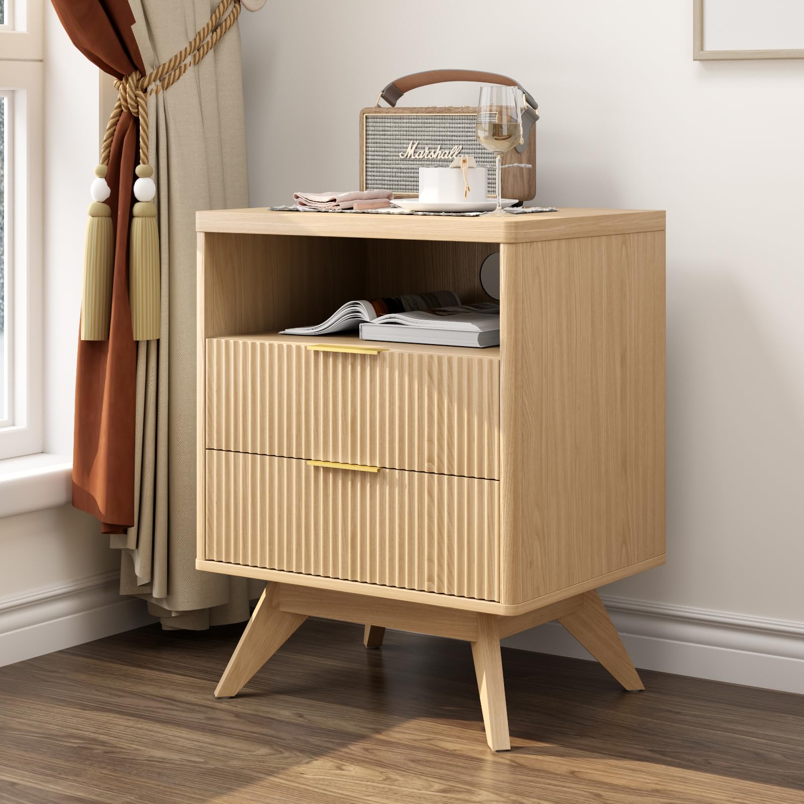 Fluted Nightstand Set of 2 with Drawer & Open Shelf