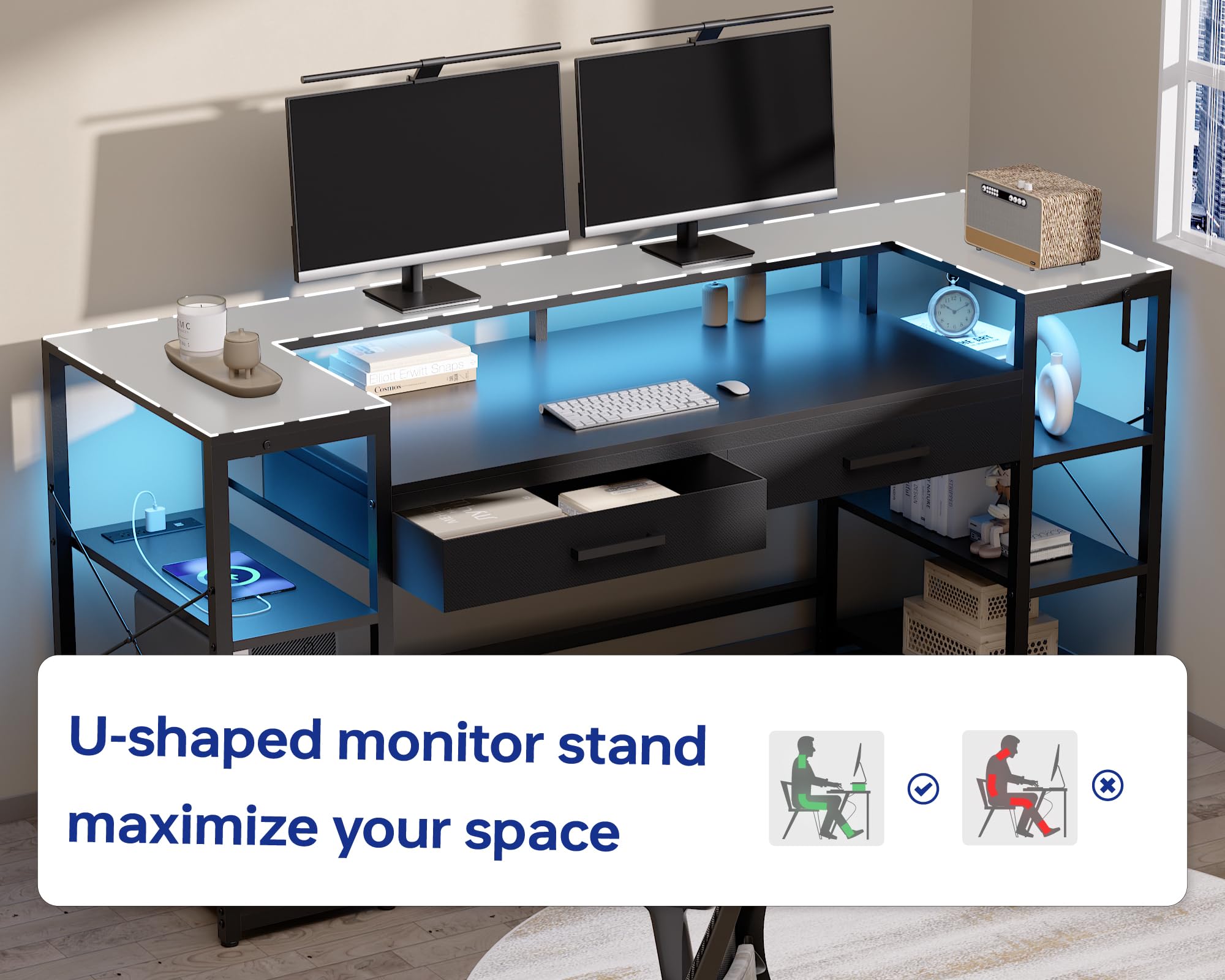 Pamray 58 Inch Computer Desk with Monitor Stand and Shelves Gaming Desk with LED Lights & Power Outlets PC Vanity Table with 2 Drawers for Home Office Marble