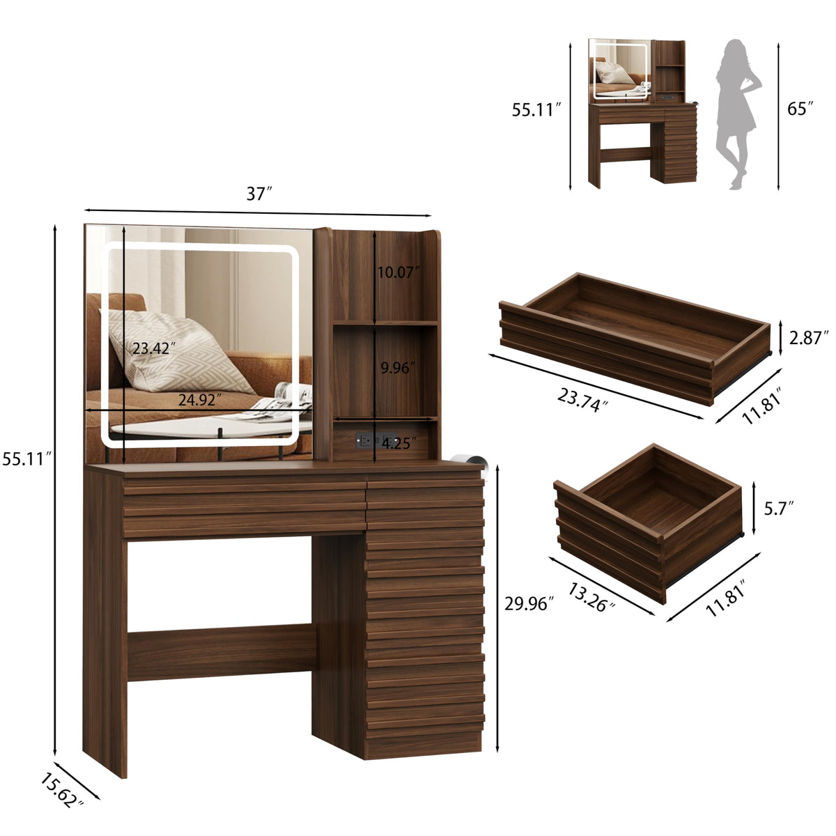jmhdyg Makeup Vanity Desk with Lights, Fluted Vanity with 4 Drawers, Open Shelves, Power Outlet, LED Lighted Mirror, 3 Lighting Modes & Brightness Adjustable, Wood Dressing Table for Bedroom,Walnut