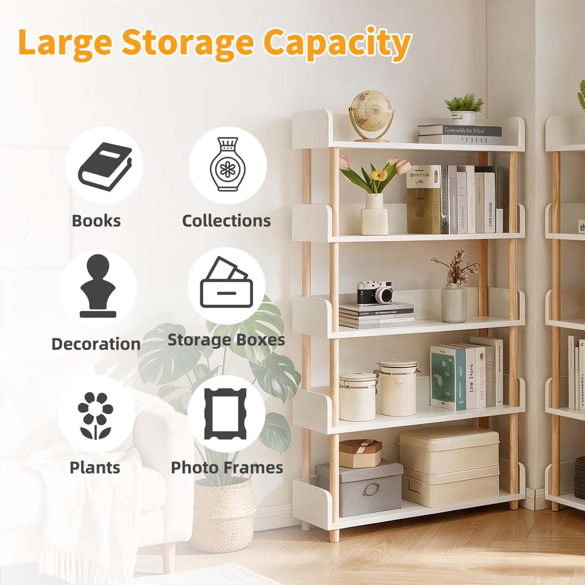 Aibiju Five-Tier Wooden Open Bookshelf - Modern Display Bookshelf for Home and Office Use, with Storage Cabinets, White YD-BC006W