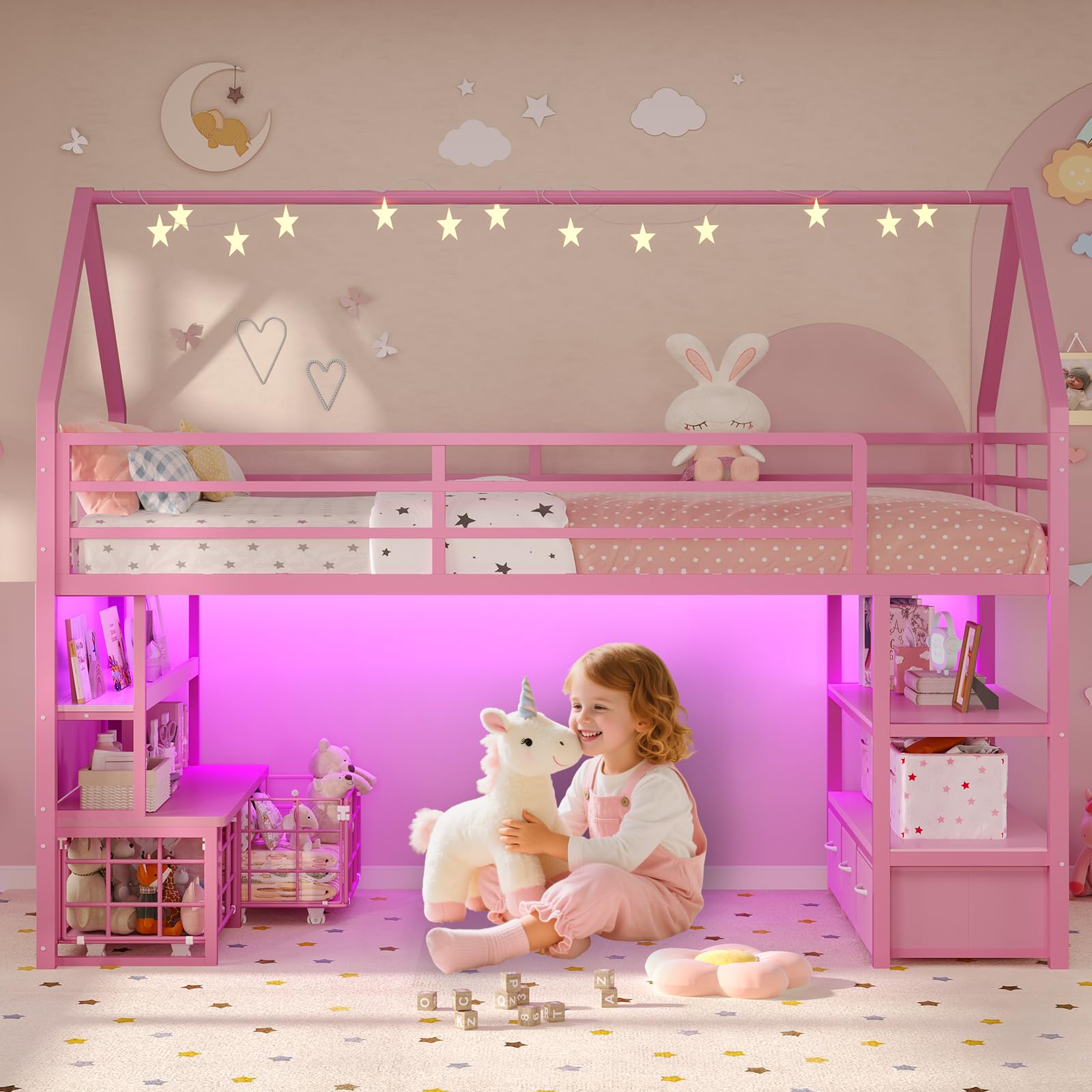 Twin Kids Loft Bed with Storage & LED Lights