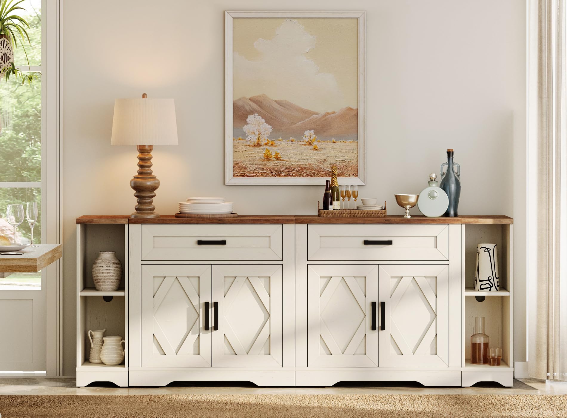 WAMPAT 82.7" W TV Stand for up to 95" TVs,Farmhouse Entertainment Center with Storage Barn Door Cabinet,TV Console Table with Media Cabinet and Drawers for Living Room,Bedroom,Cream White