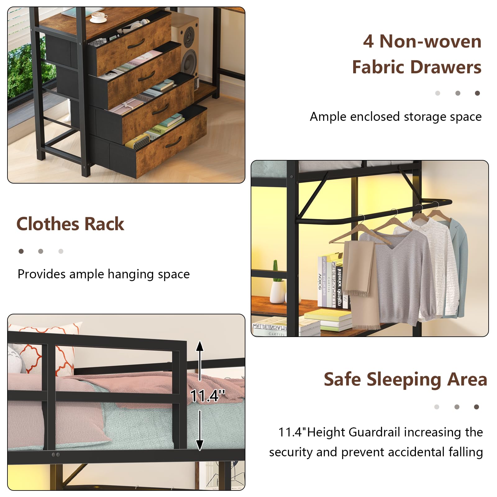 Twin Loft Bed with Storage, Desk & LED Lights