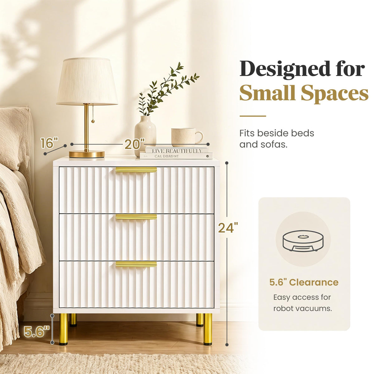 3-Piece Fluted Dresser and Nightstand Set, White and Gold