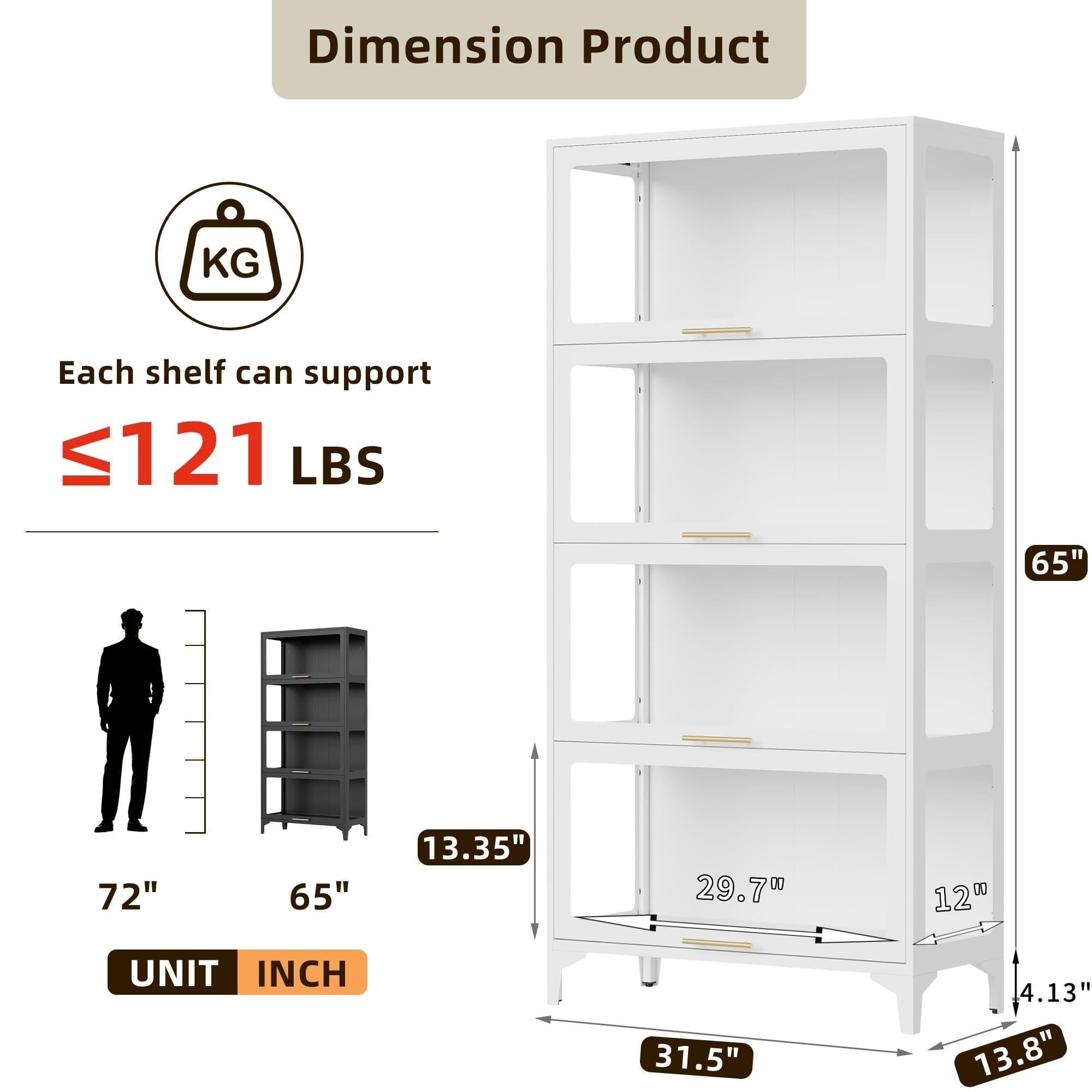 NadooLite 4-Tier LED Lighted Display Cabinet with Glass Doors, Curio Storage Cabinet for Collectibles, Glass Display Case, Modern Tall Showcase Cabinet for Living Room, Home Office and Study, White