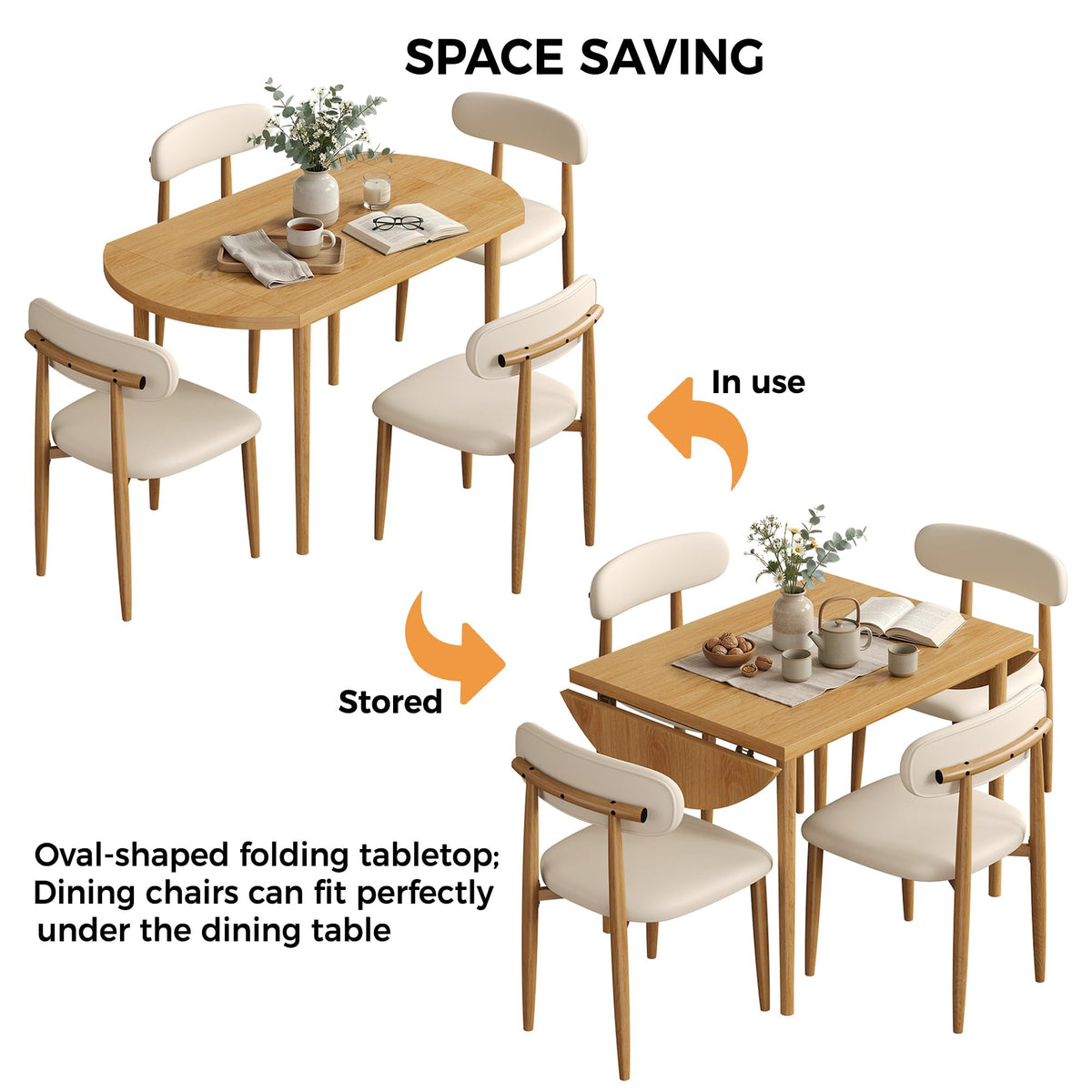 IRONCK Dining Table Set for 4, 55" Drop Leaf Desk, Natural Wood