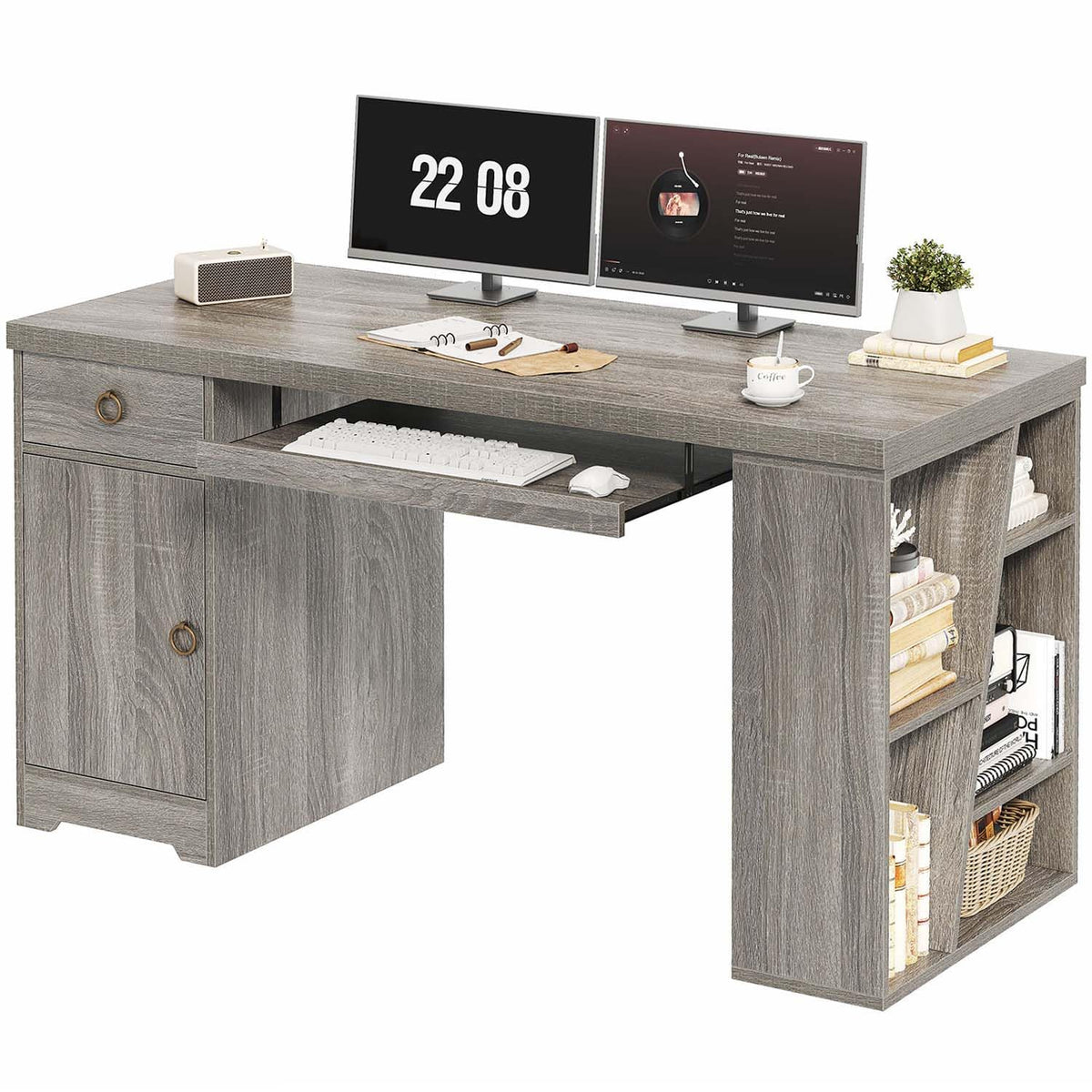 HSH 55" Office Desk with Keyboard Tray, Modern Computer Desk with Storage
