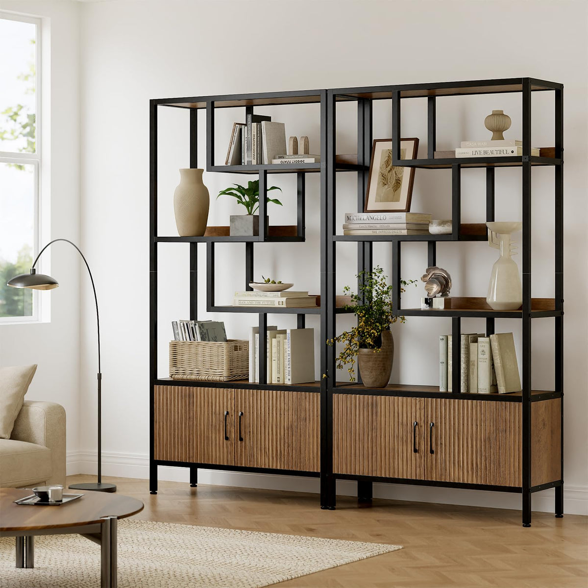 5-Tier Bookcase with Fluted Cabinet