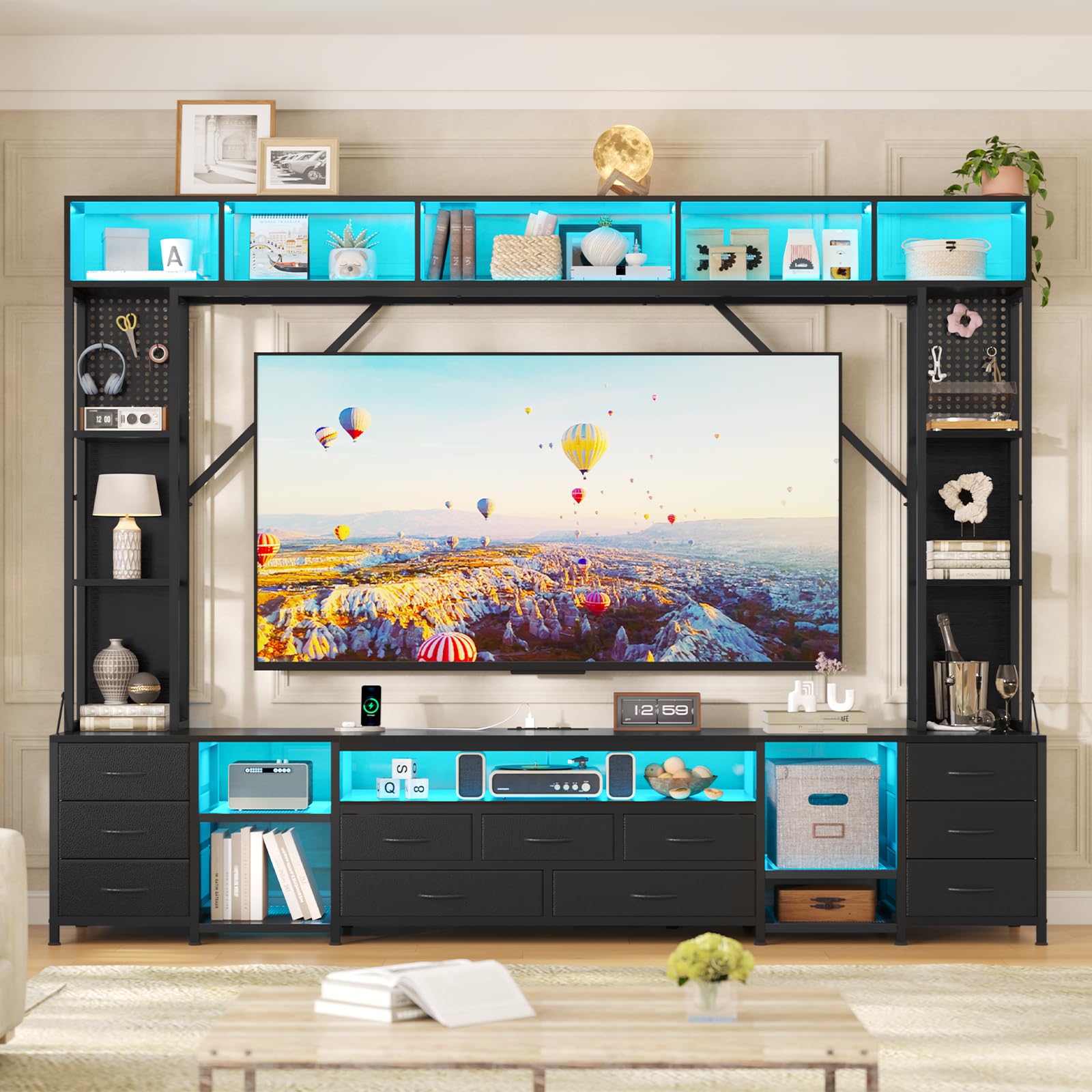 UPOSOJA Large Entertainment Center with 11 Fabric Drawers & LED Lights, Wall Unit TV Stand for Living Room Bookshelves for TVs up to 45"-75", Modern Industrial Style TV Stand