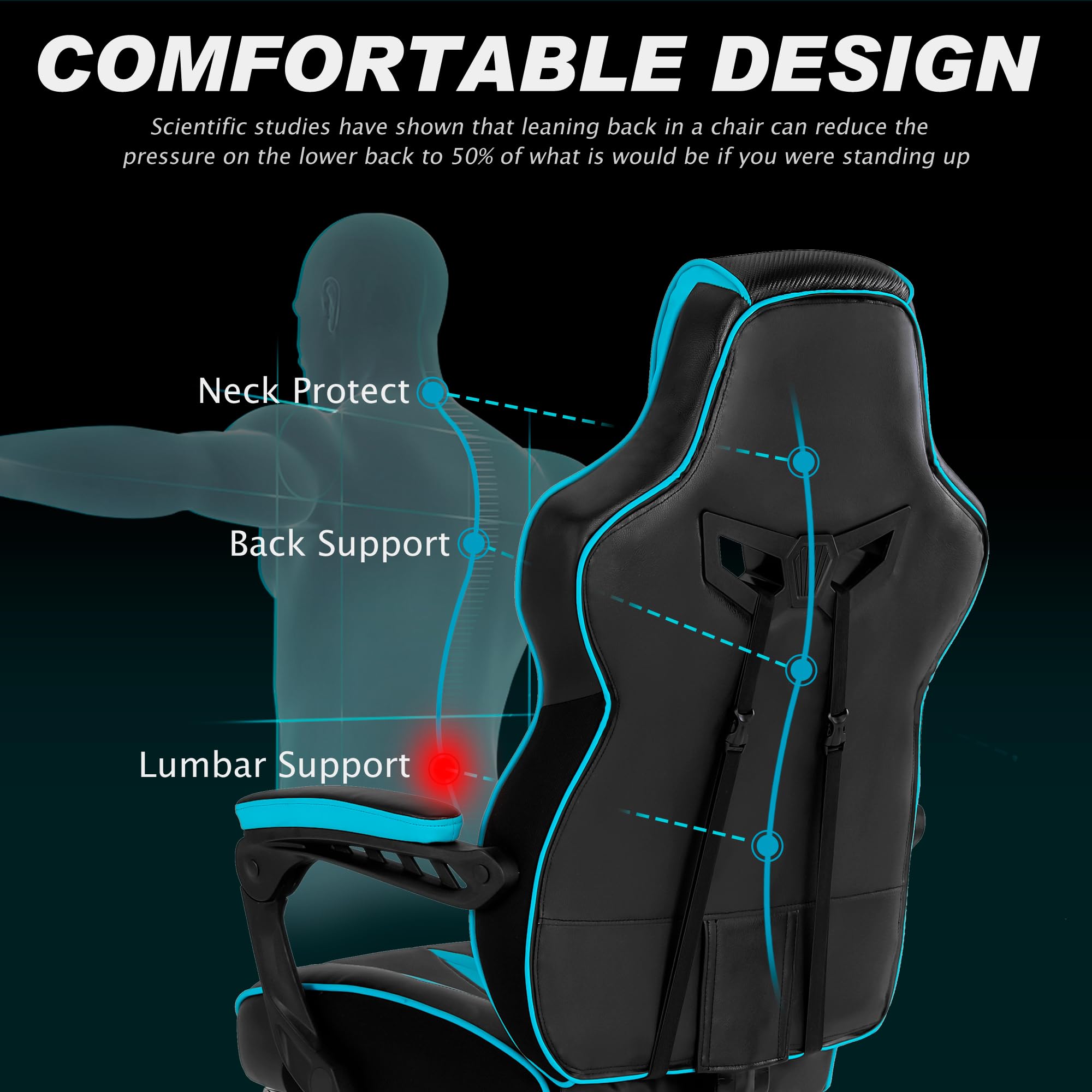Vonesse Gaming Chairs for Adults, Gaming Chairs with Footrest and Massage, Reclining Computer Chair for Heavy People,Big and Tall Ergonomic Gamer Chair with Lumbar Pillow(Teal/Cyan)