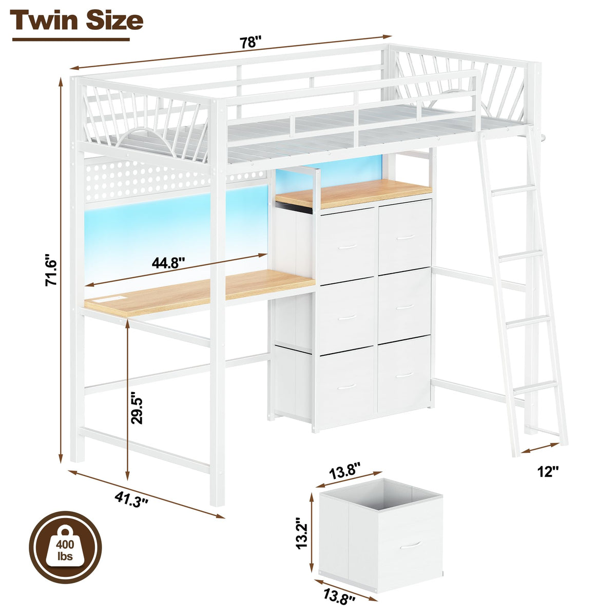 White Twin Loft Bed with Desk & Storage