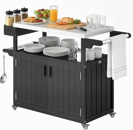 Outdoor Bar Cart with Storage Cabinet & Stainless Steel Top