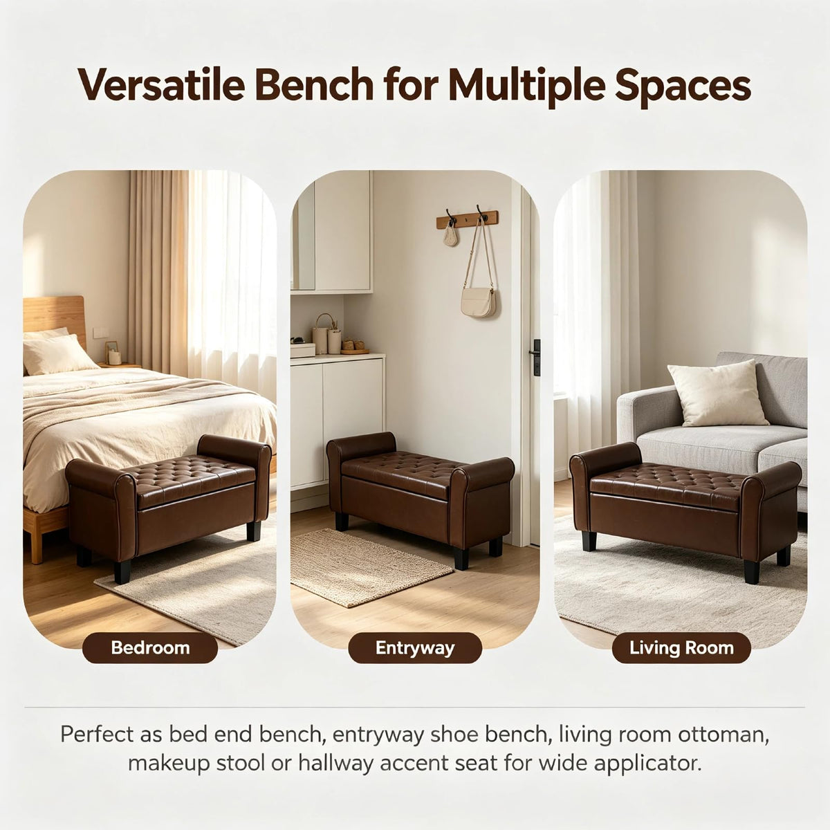 51 Inch Brown Faux Leather Storage Ottoman Bench with Rolled Armrests