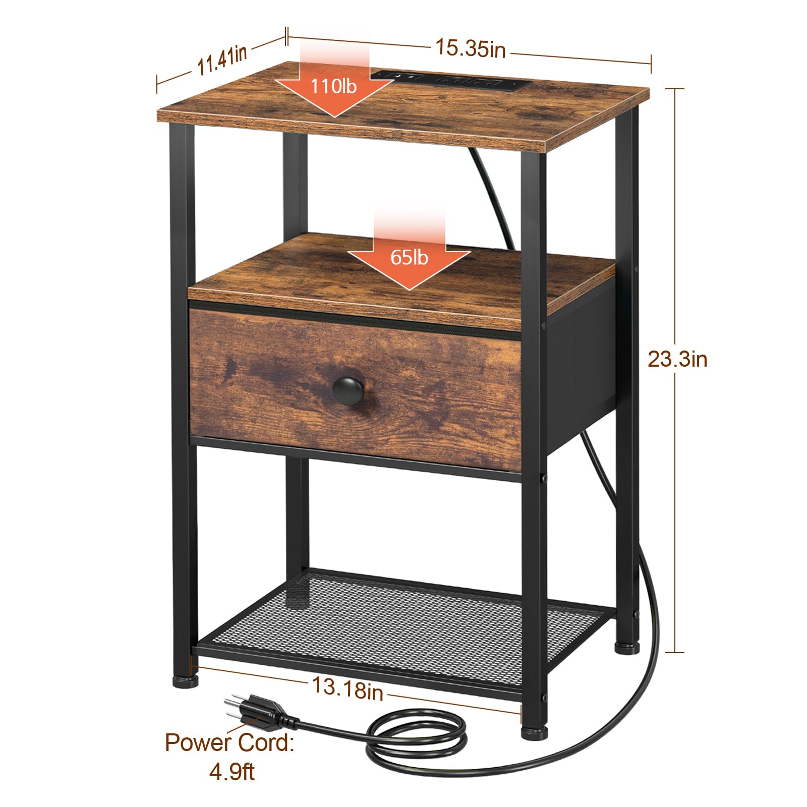 LOAKEKEL Night Stand Set 2, Nightstand with Charging Station, End Tables Living Room with Fabric Drawer for Small Spaces, Bed Side Tables with Storage Shelf for Bedroom, Rustic Brown HETS010PBR
