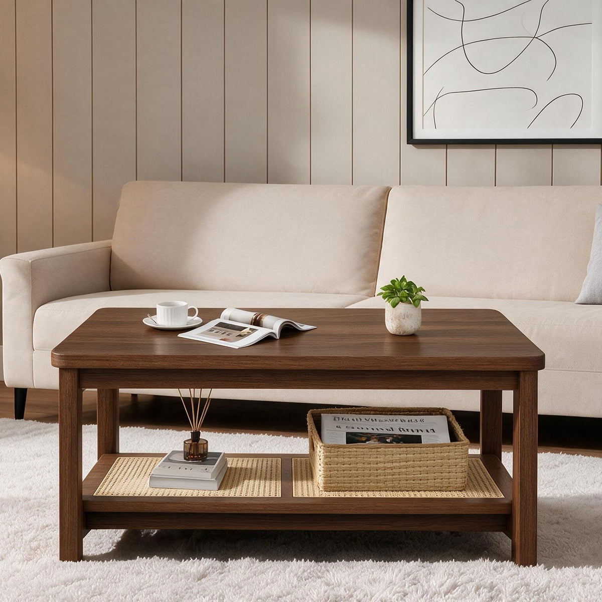 Wooden Coffee Table, 2-Tier Center Table with Rattan Storage Shelf, Walnut