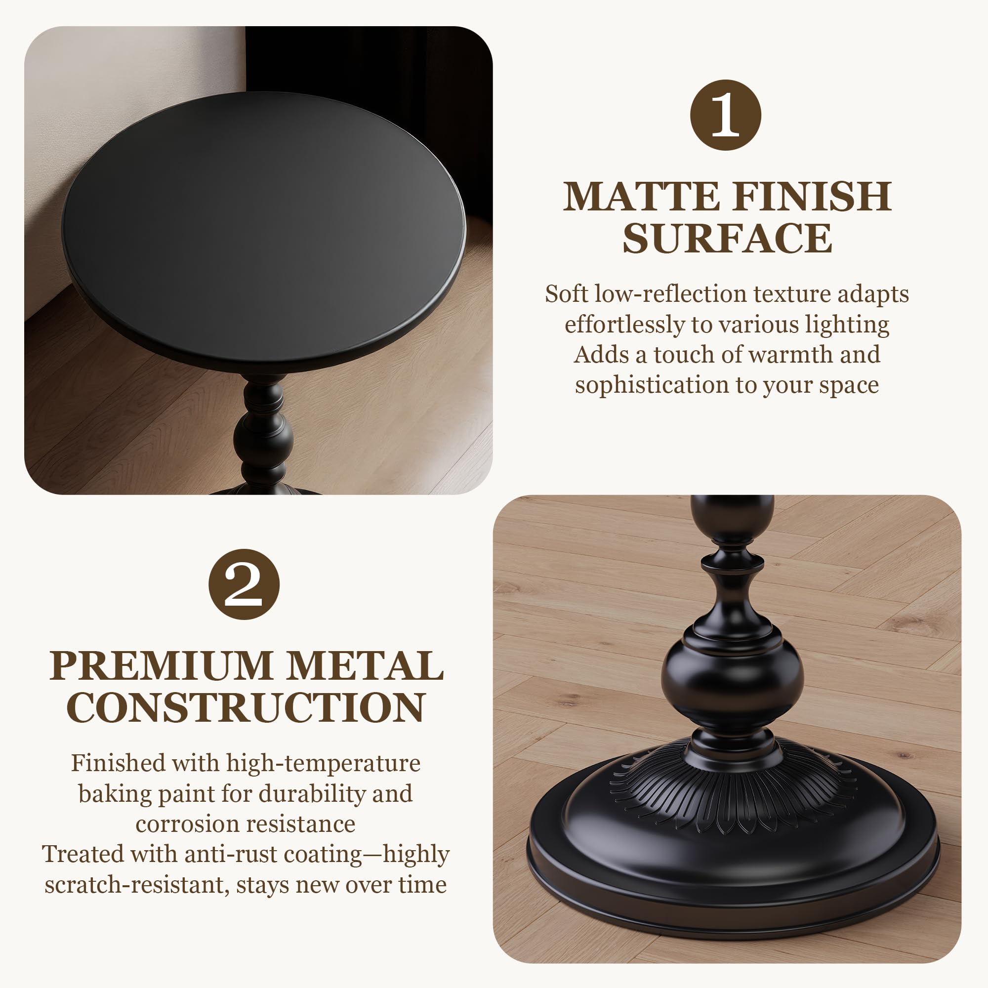 Round Metal Accent Side Table – Matte Black, 21" Height