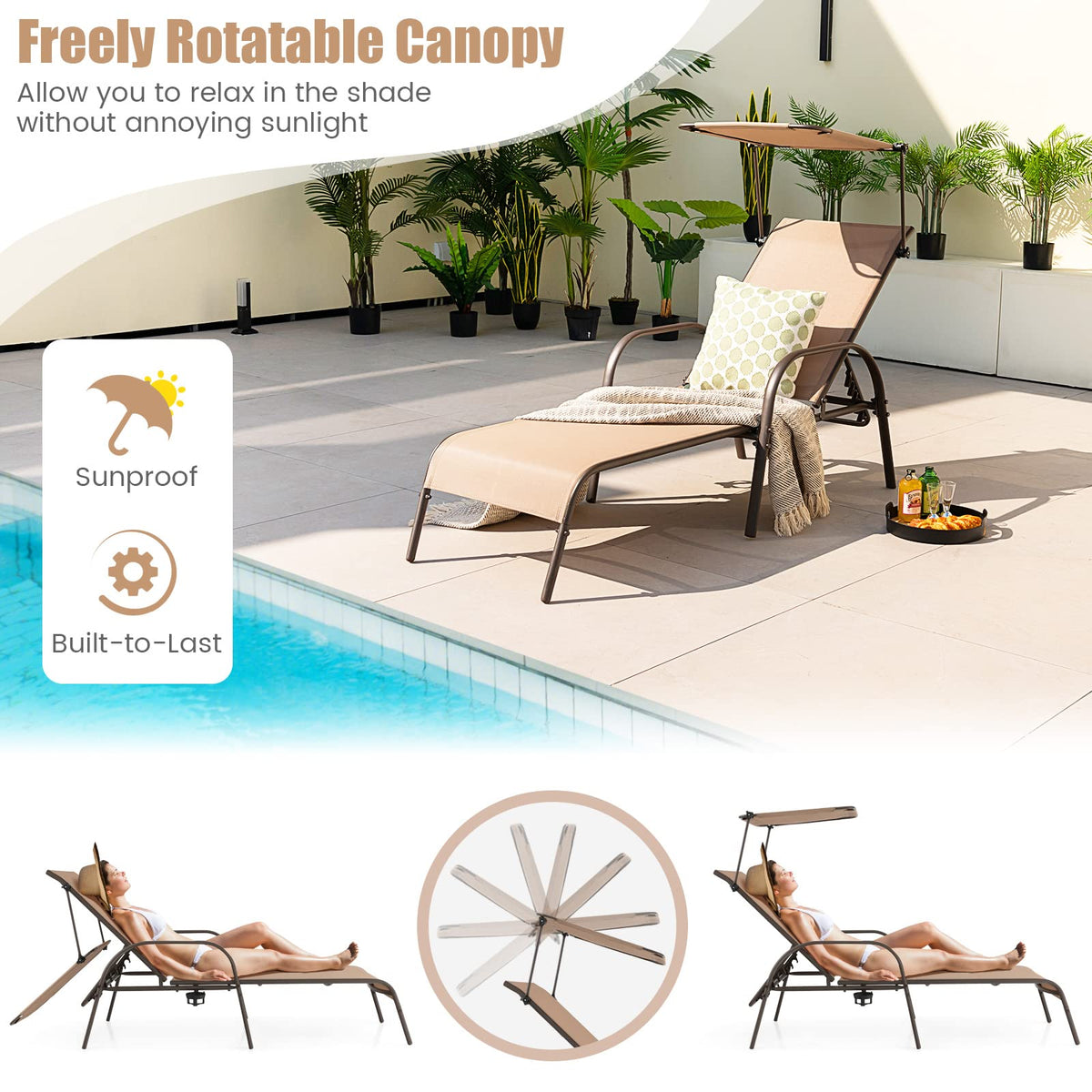GIANTEX Patio Chaise Lounge Chair, Outdoor Beach Chair with Adjustable Canopy, Cupholder, 5-Level Backrest, Metal Frame, Sunbathing Lounger for Tanning, Outside, Poolside, Yard, Lawn, Brown