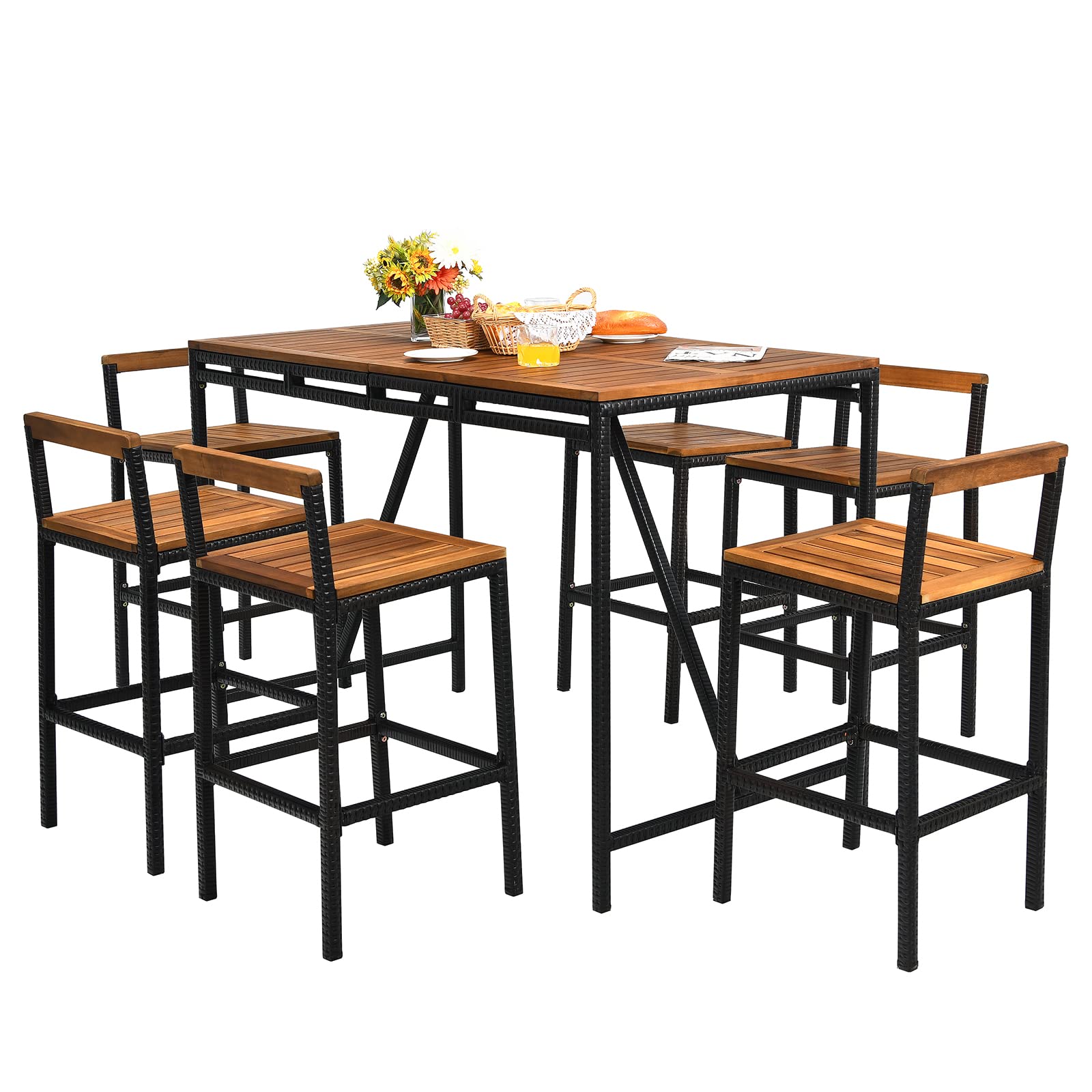 HAPPYGRILL 7 Piece Patio Bar Table Set with Umbrella Hole Acacia Wood High-Dining Bistro Set with 6 Bar Stools, PE Wicker Outdoor Bar Set for Backyard Patio and Poolside