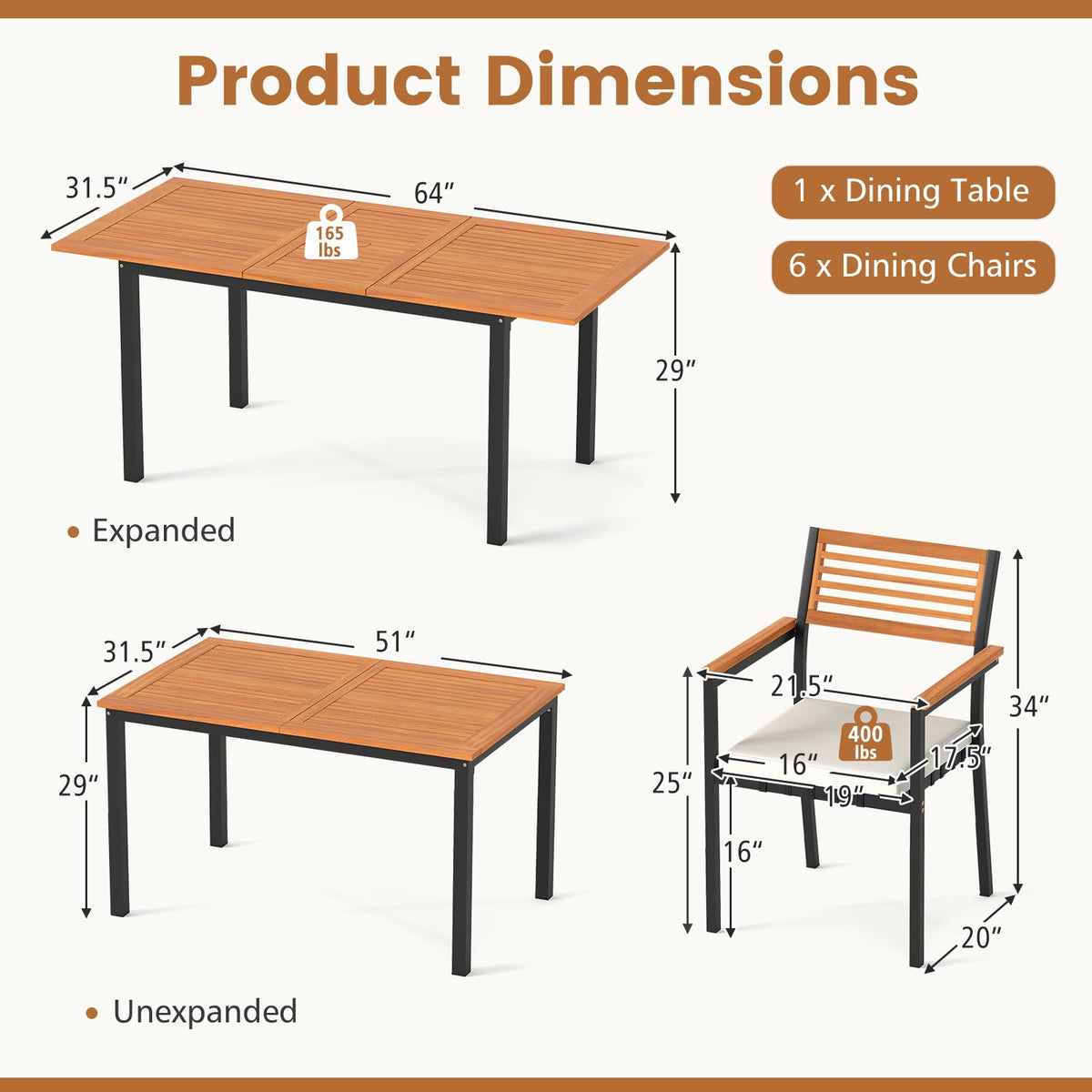 Tangkula 7 Piece Acacia Wood Outdoor Dining Set with 6 Stackable Armchairs
