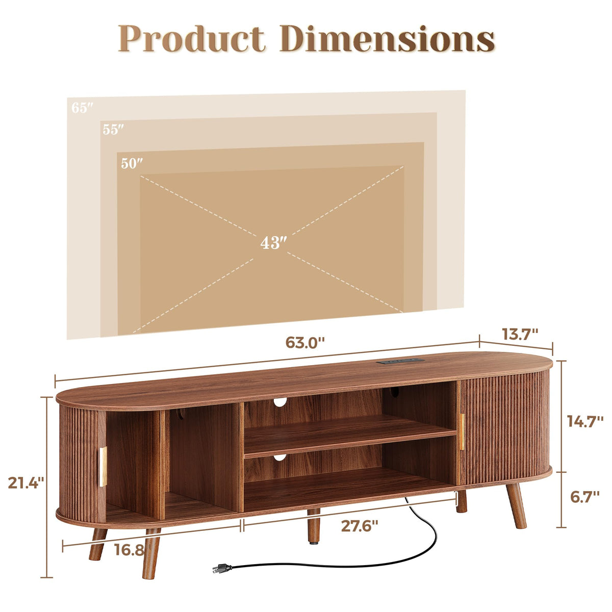 PRAISUN 63 Inch Fluted TV Stand for TVs up to 55, 65 Inch, TV Media Console with Power Outlets and USB-C Port, Entertainment Center with Storage, Curved Sliding Doors, Adjustable Shelf, Brown