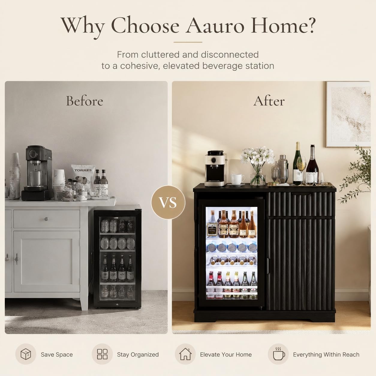 Aauro Home Mini Fridge Cabinet (Fridge Included), Fluted Coffee Bar Cabinet with Refrigerator, Pull Out Drawer & Storage Cabinets, 31.5" Liquor Wine Bar Cabinet for Home, Kitchen, Dining Room, Blac