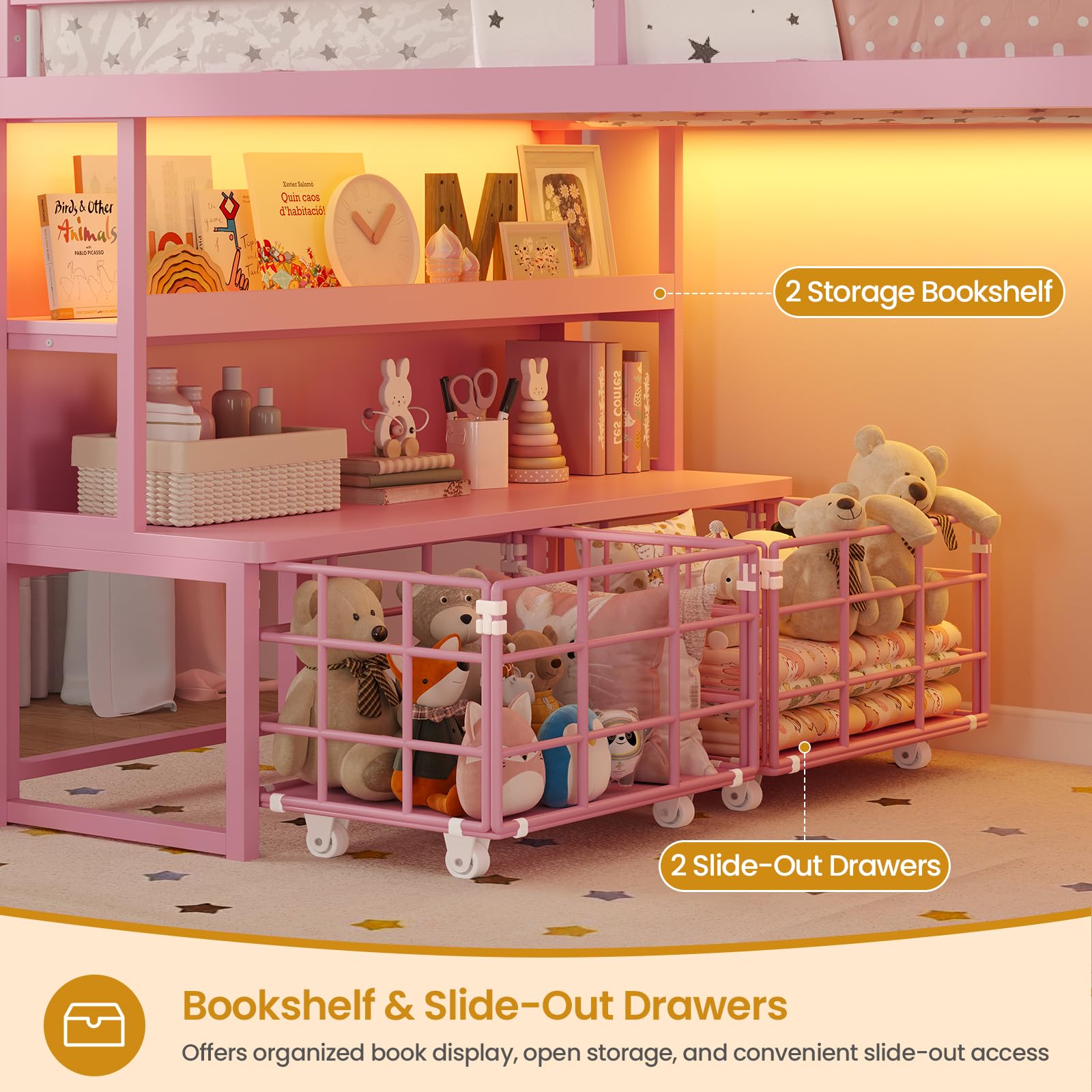 Twin Kids Loft Bed with Storage & LED Lights