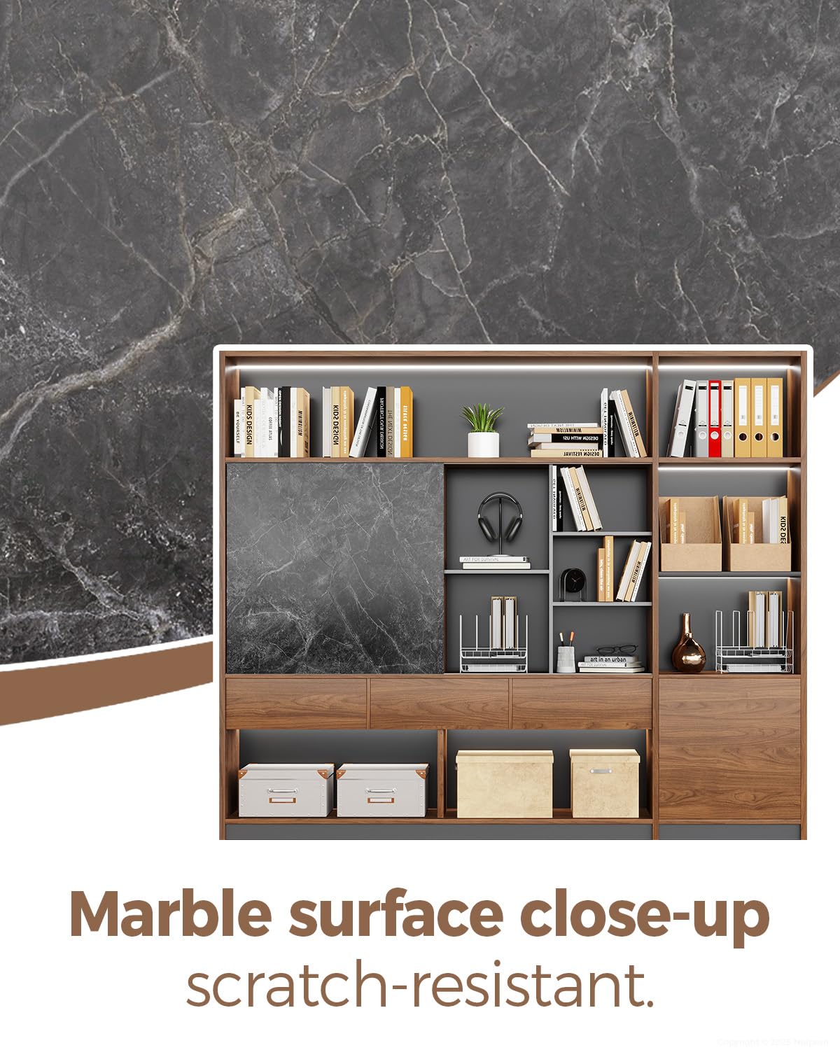Nuipesn 94" Walnut File Cabinet with Sliding Door & LED, Large Wood Bookcase with Drawers, Modern Office Storage Cabinet & Shelving Unit for Executive Office, Home Office or Study