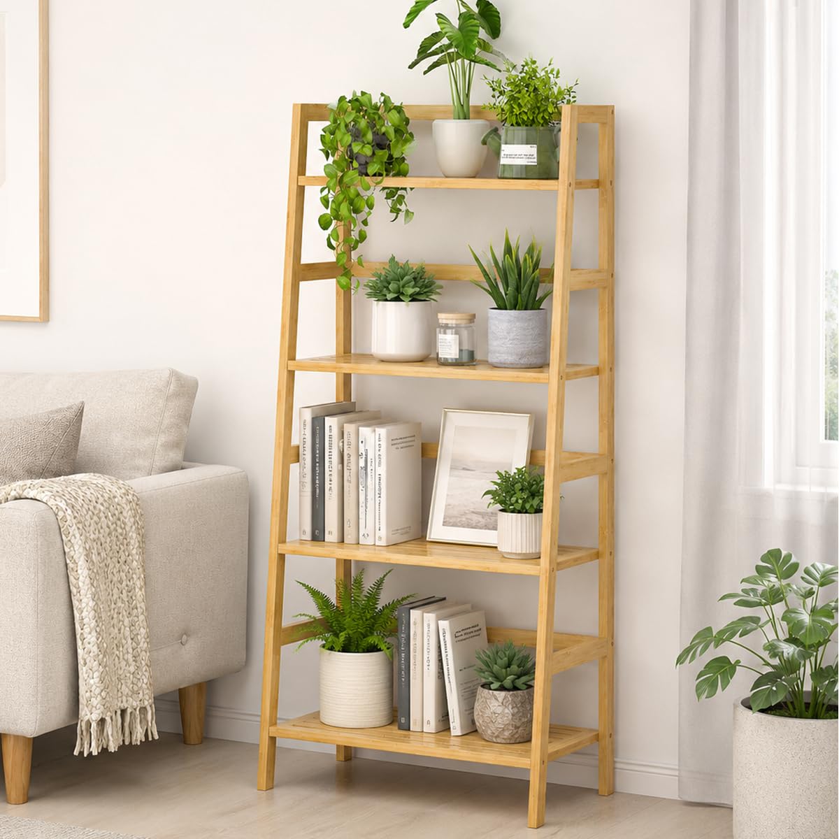 4-Tier Bamboo Ladder Bookshelf