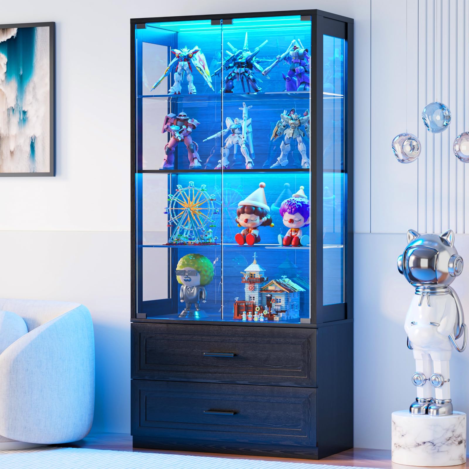 67" Glass Door Display Cabinet with LED Lights & Drawers