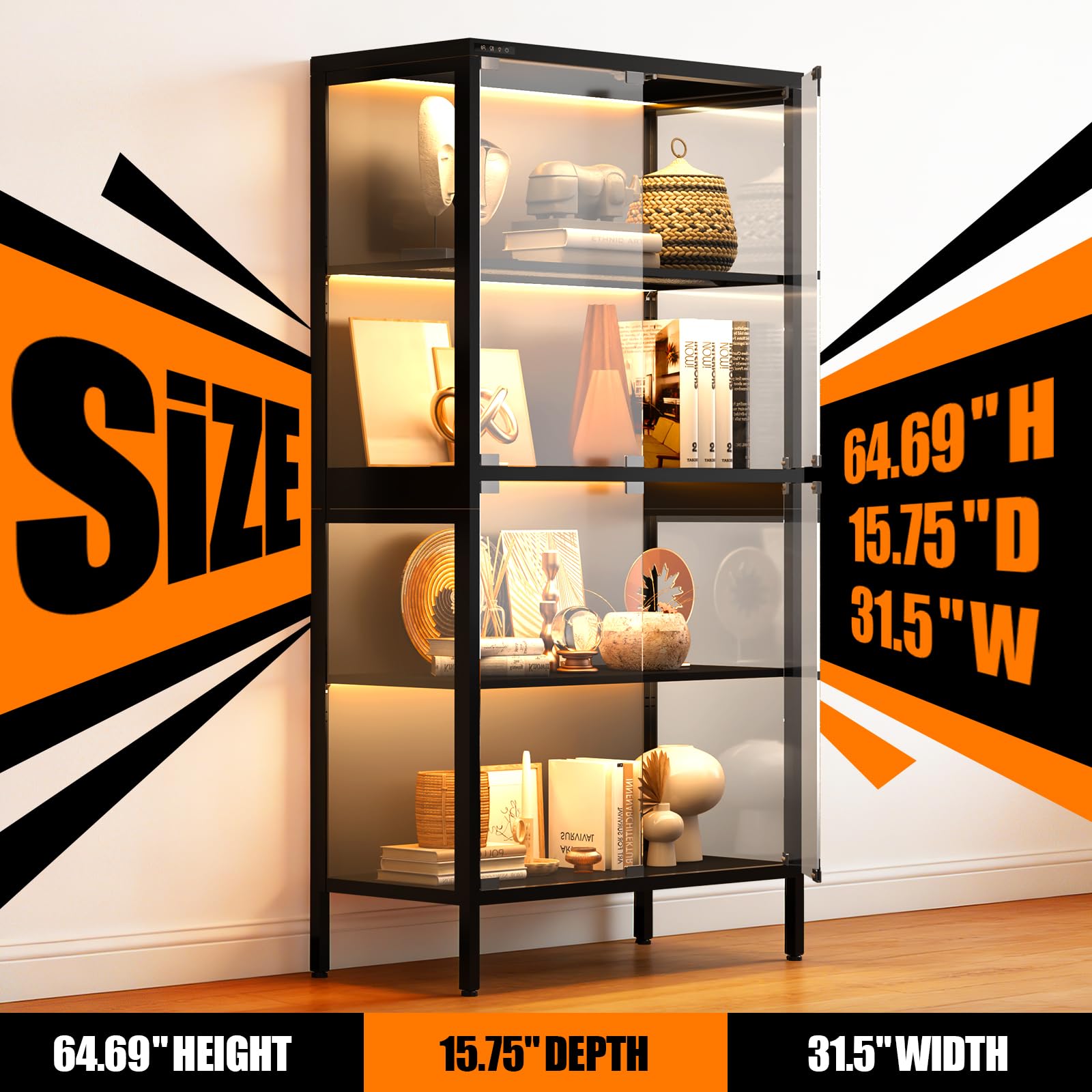 4-Tier Glass Display Cabinet with LED Lights