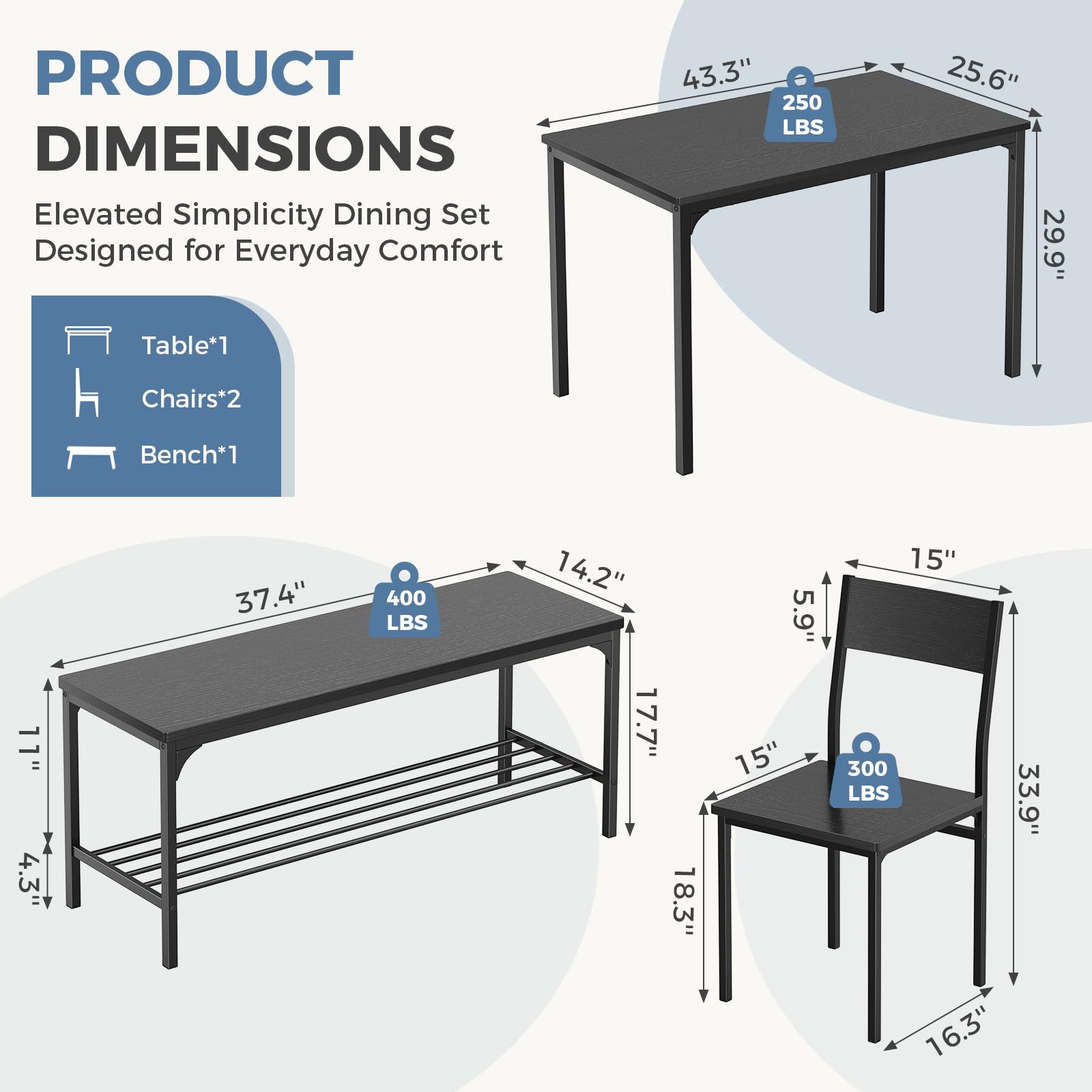 Dining Table Set with Bench – 3 or 4 Piece