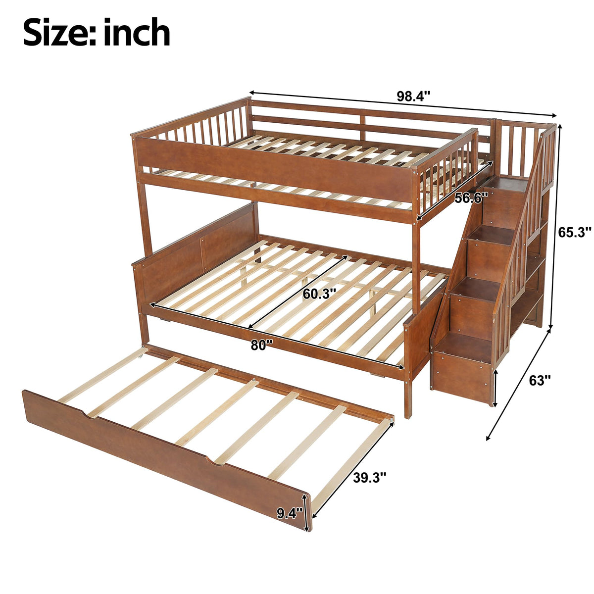 SOFTSEA Full XL Over Queen Bunk Bed with Trundle & Stairs, Solid Wood Bunk Bed Frame with Storage Shelves & LED Lights, Space Saving Bunk Beds with Storage Stairs for Kids Teens Adults, Walnut
